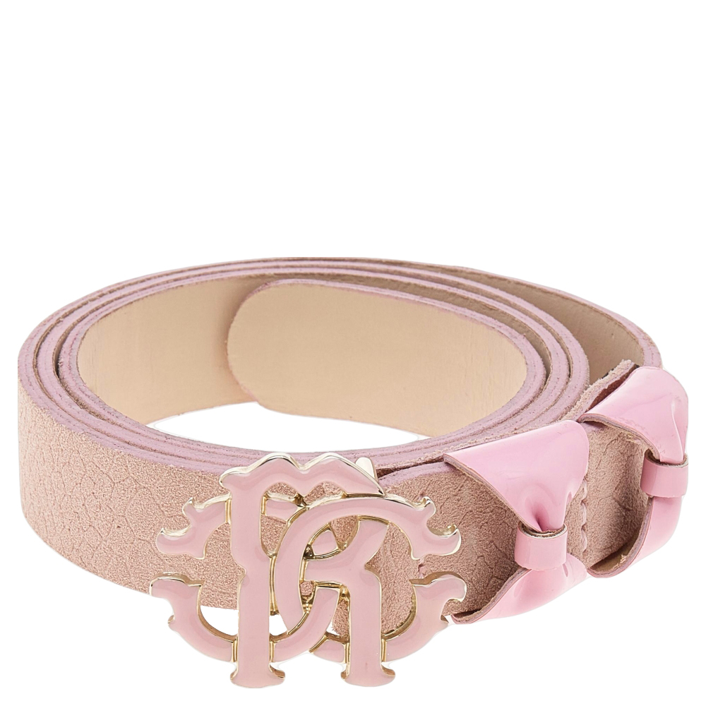 

Roberto Cavalli Pink Python Embossed Nubuck Leather Logo Buckle Belt