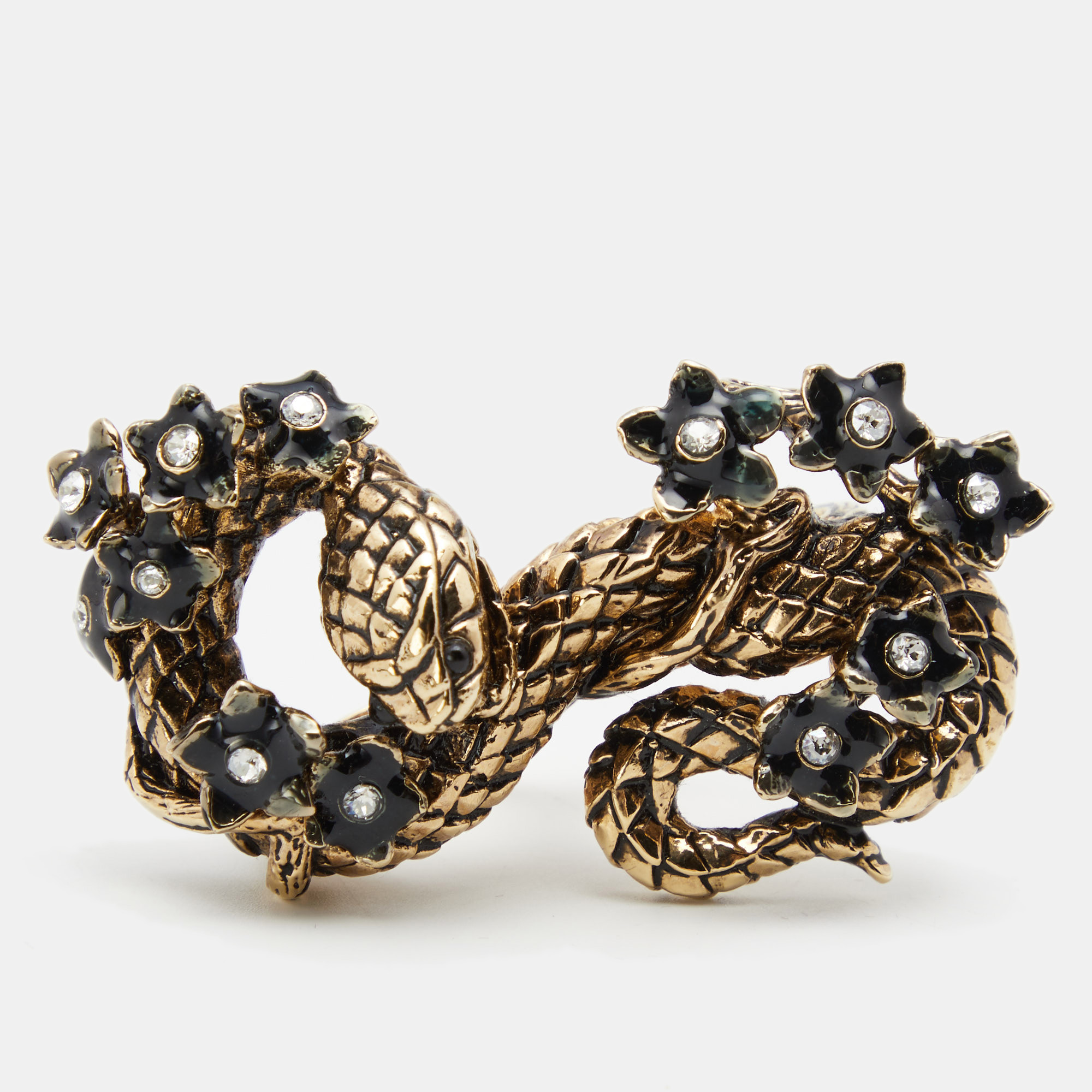 

Roberto Cavalli Snake Knuckle Enamel Crystal Gold Tone Duster Ring Size
