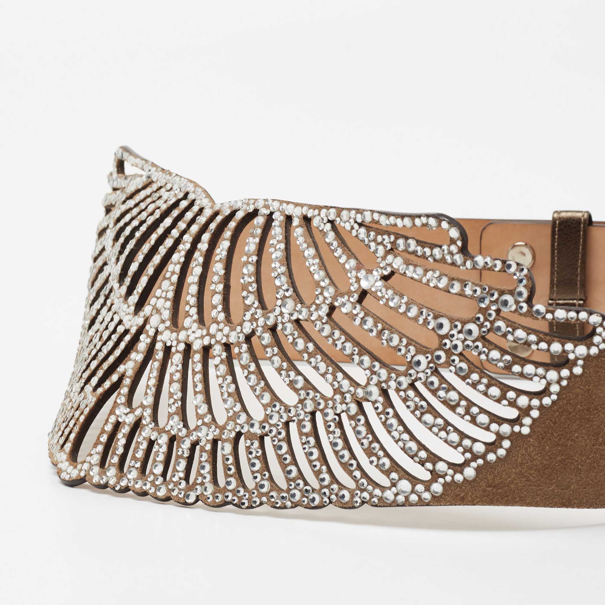 

Roberto Cavalli Beige Suede Laser Cut Crystal Embellished Waist Belt Size