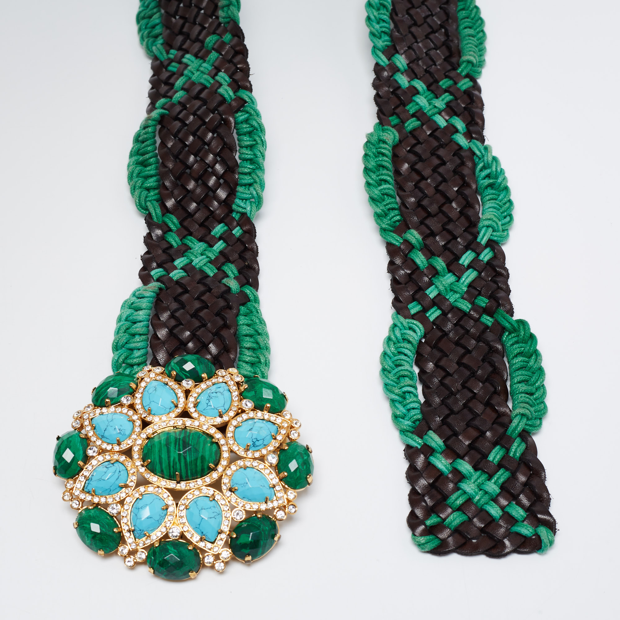 

Roberto Cavalli Green/Brown Braided Fabric and Leather Embellished Belt
