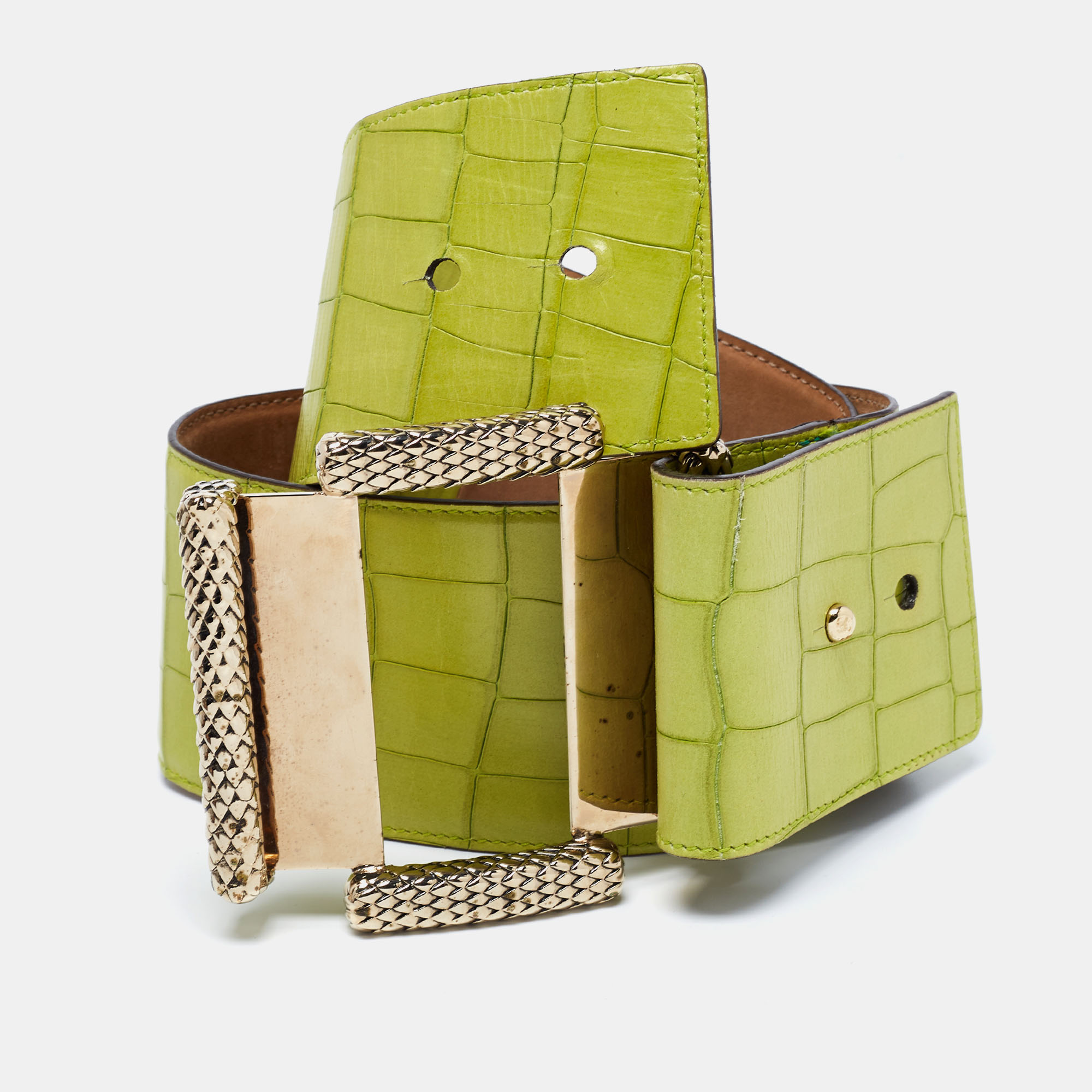

Roberto Cavalli Green Croc Embossed Leather Wide Waist Buckle Belt
