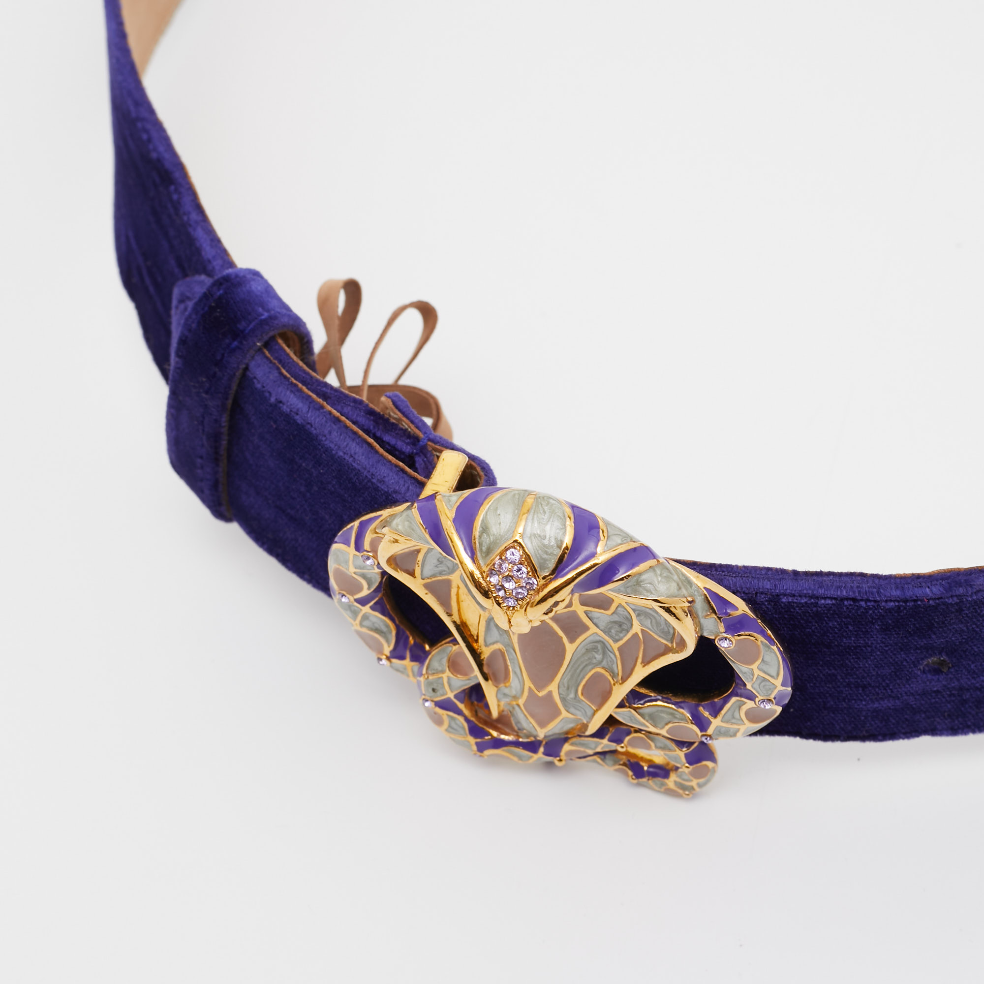 

Roberto Cavalli Purple Velvet Cobra Head Buckle Belt