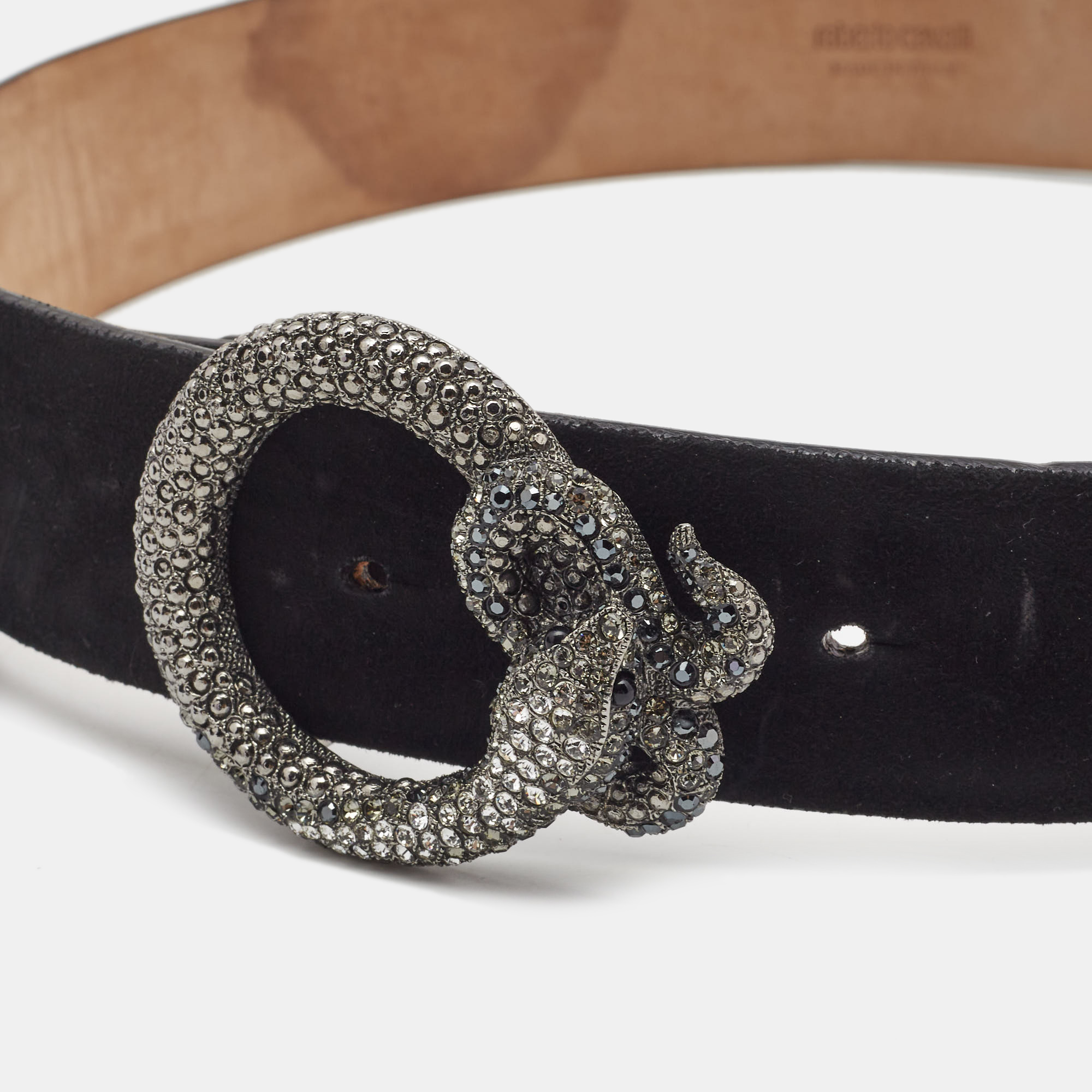 

Roberto Cavalli Black Suede Snake Crystals Embellished Buckle Belt