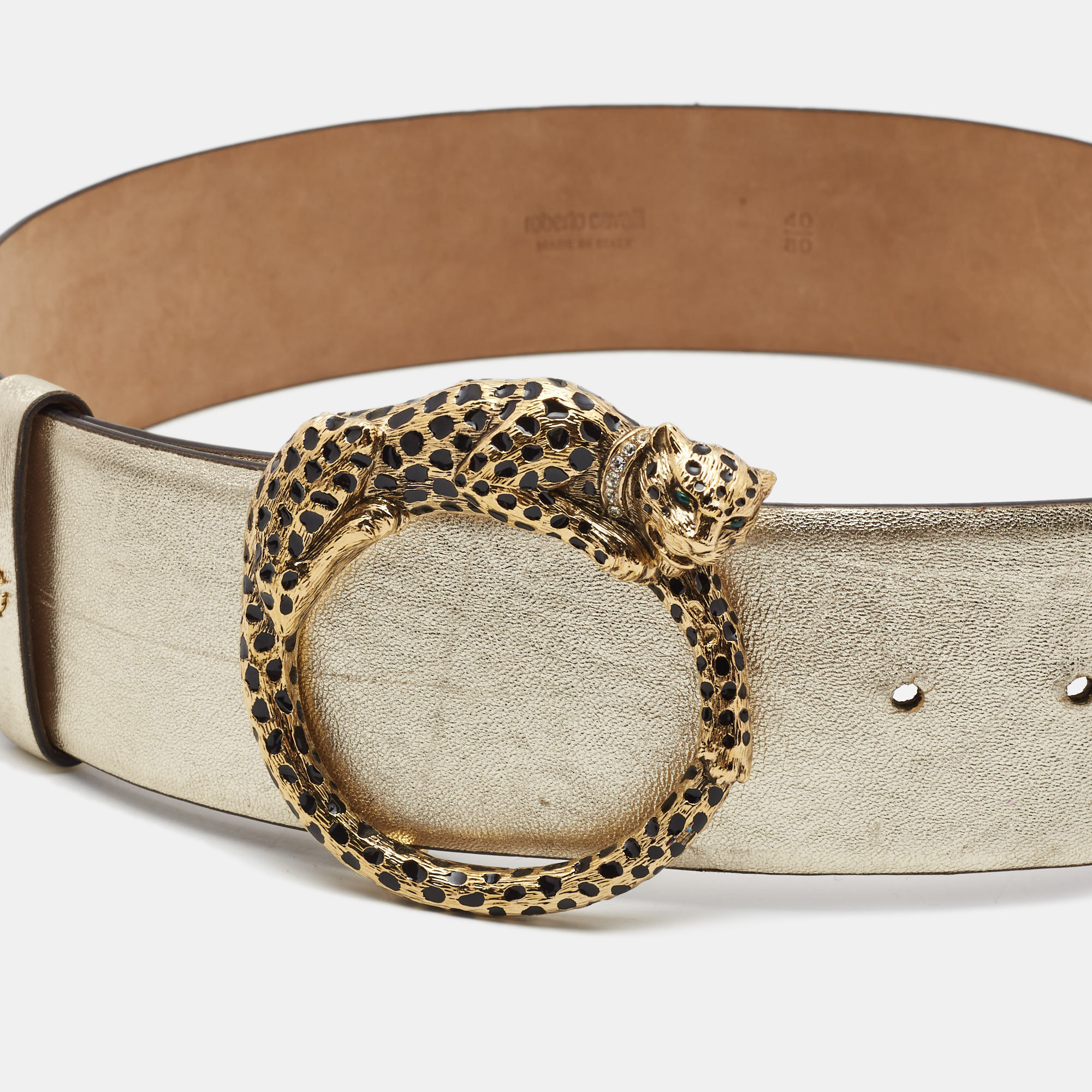 

Roberto Cavalli Gold Glossy Leather Panther Buckle Belt