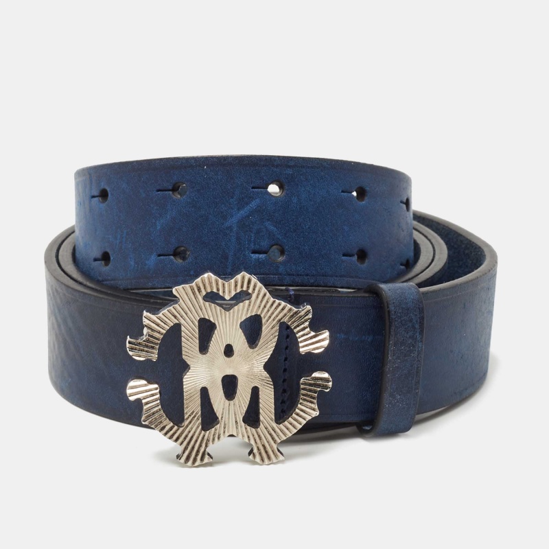 Pre-owned Roberto Cavalli Blue Leather Logo Buckle Belt 105 Cm