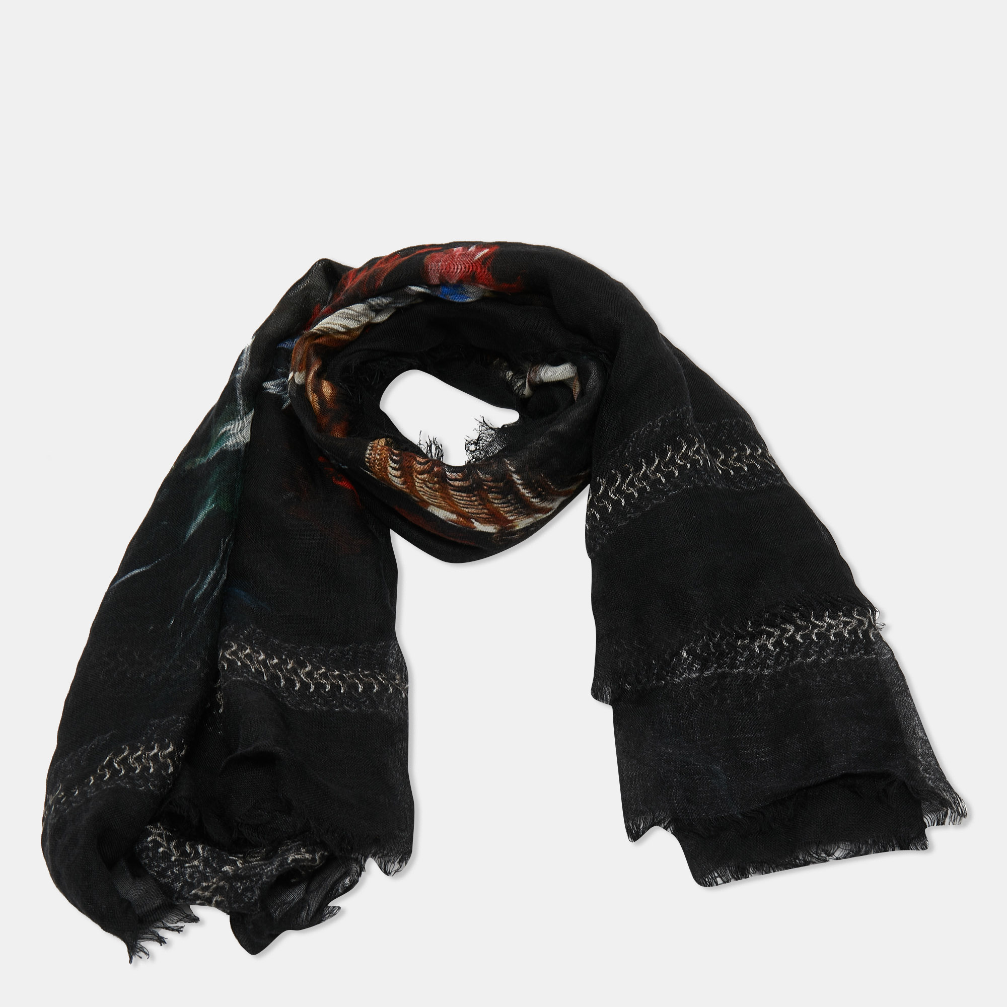 

Roberto Cavalli Black Floral Print Cashmere Scarf