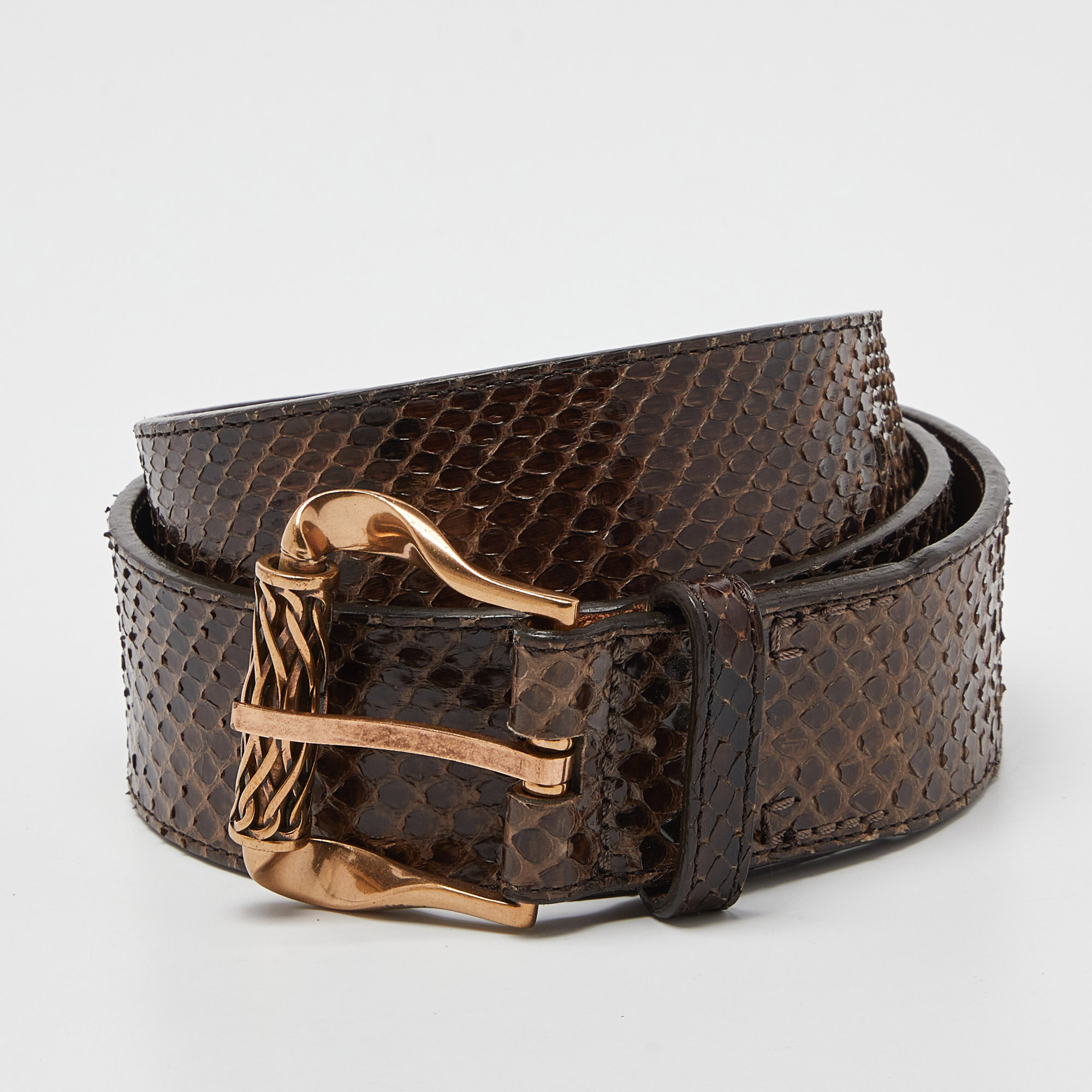 Pre-owned Roberto Cavalli Brown Watersnake Leather Buckle Belt 85cm
