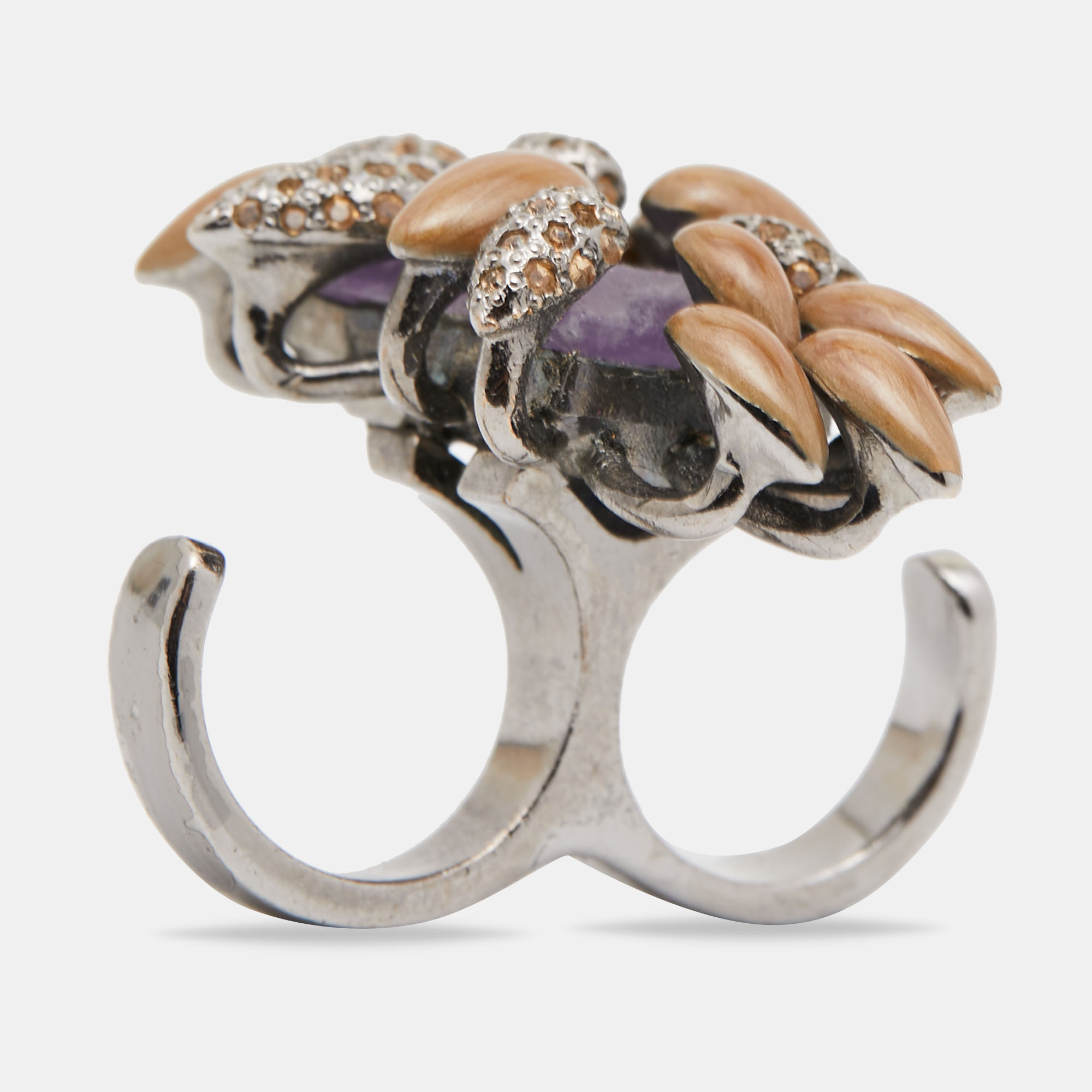Pre-owned Roberto Cavalli Gunmetal Tone Crystal & Stone Double Finger Ring Size Eu 56 In Brown