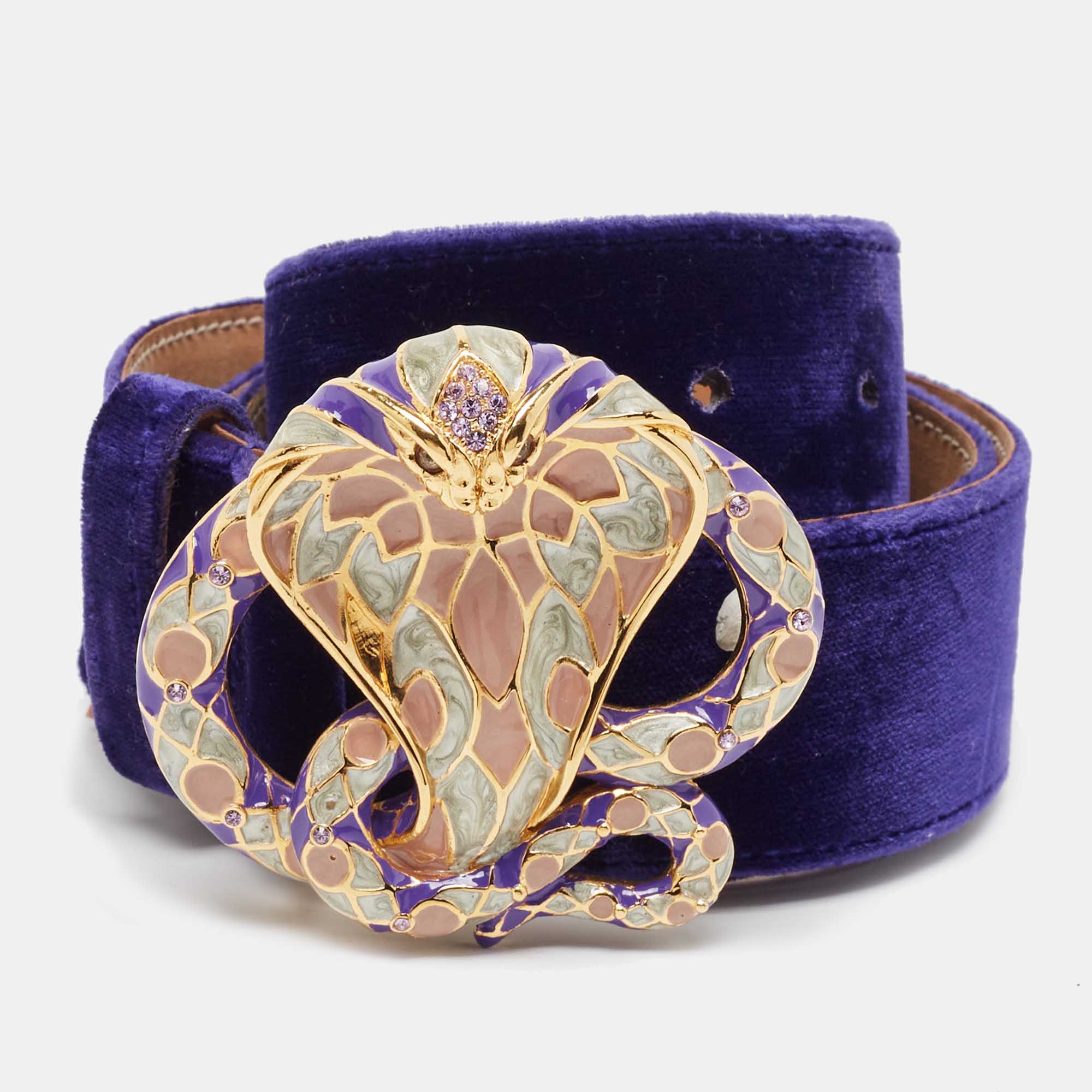 Pre-owned Roberto Cavalli Blue Velvet Snake Head Crystals Belt 85cm In Purple