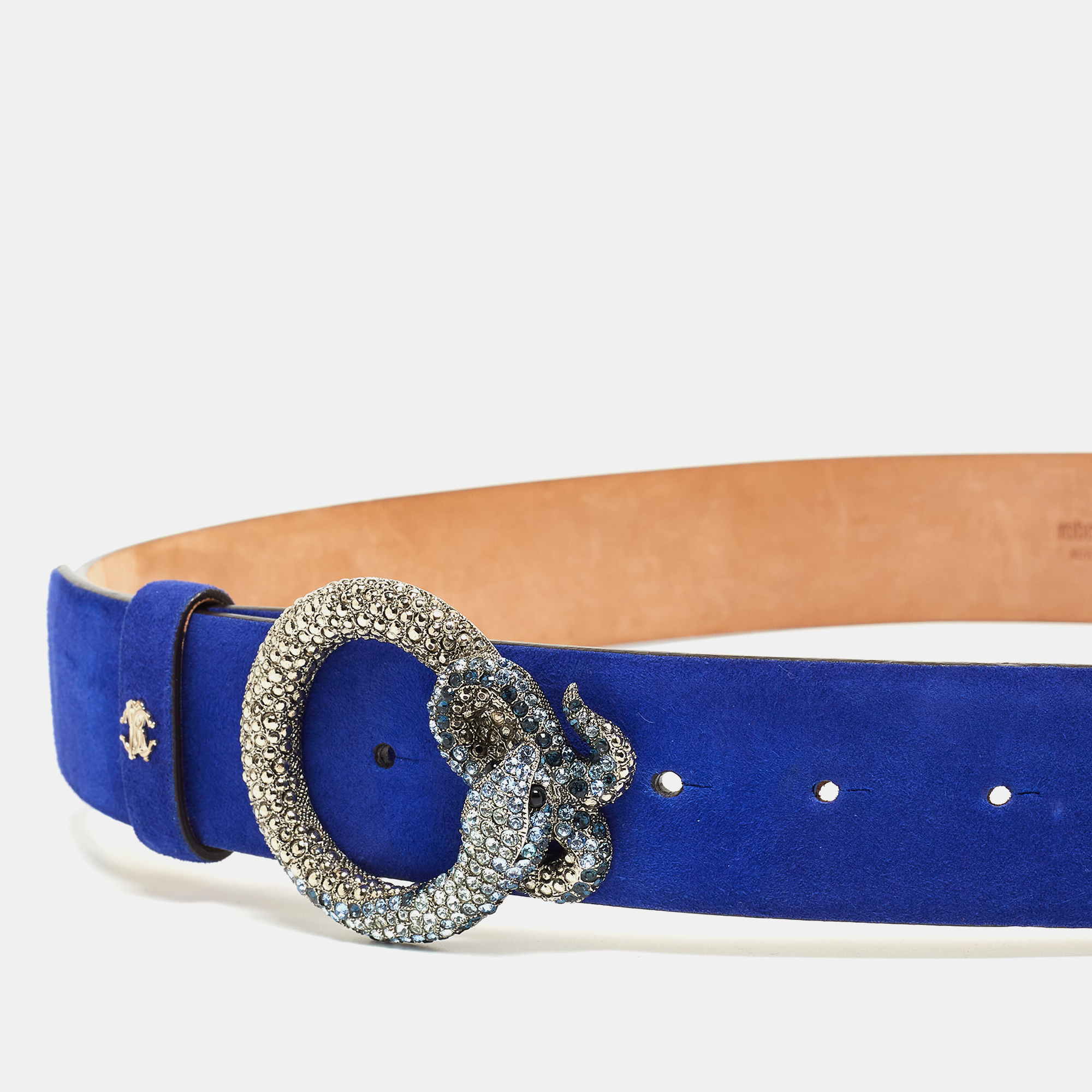 

Roberto Cavalli Blue Suede Crystal Embellished Serpent Buckle Belt