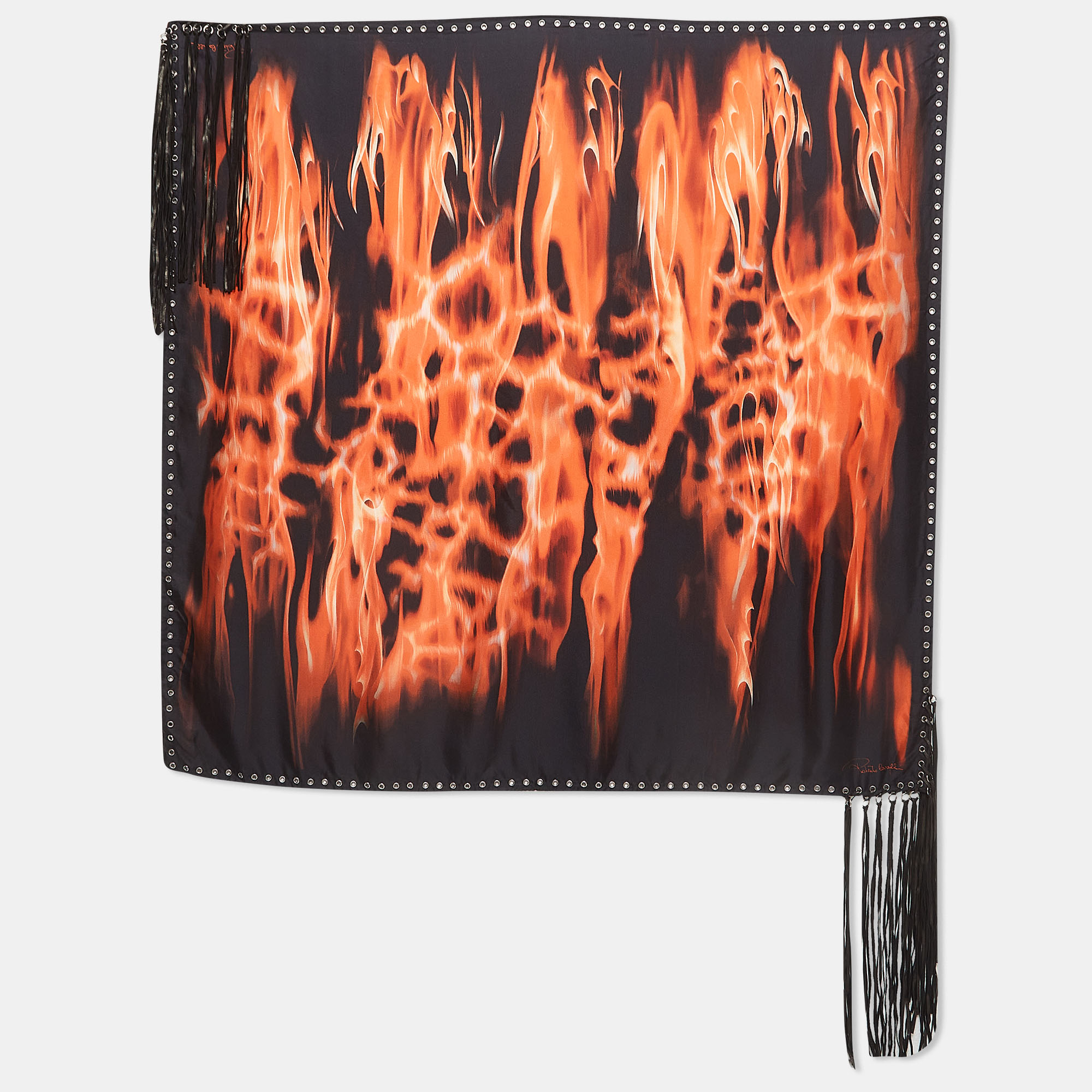 

Roberto Cavalli Black Flames Print Silk Leather Fringed Scarf