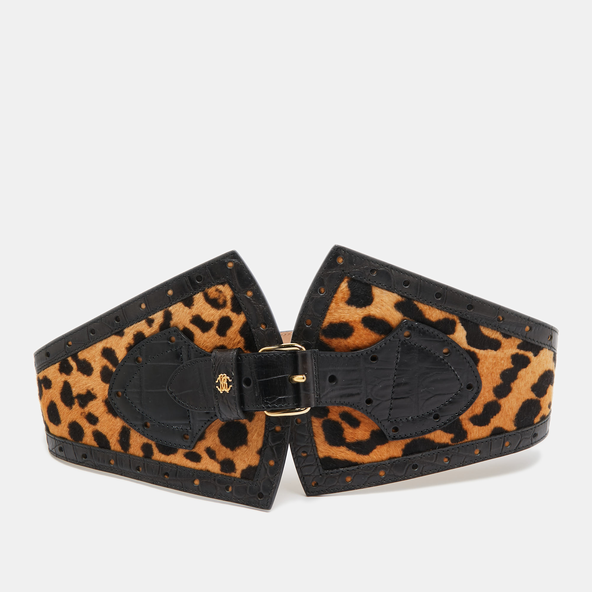 

Roberto Cavalli Brown/Black Leopard Calfhair and Croc Embossed Leather Wide Buckle Belt