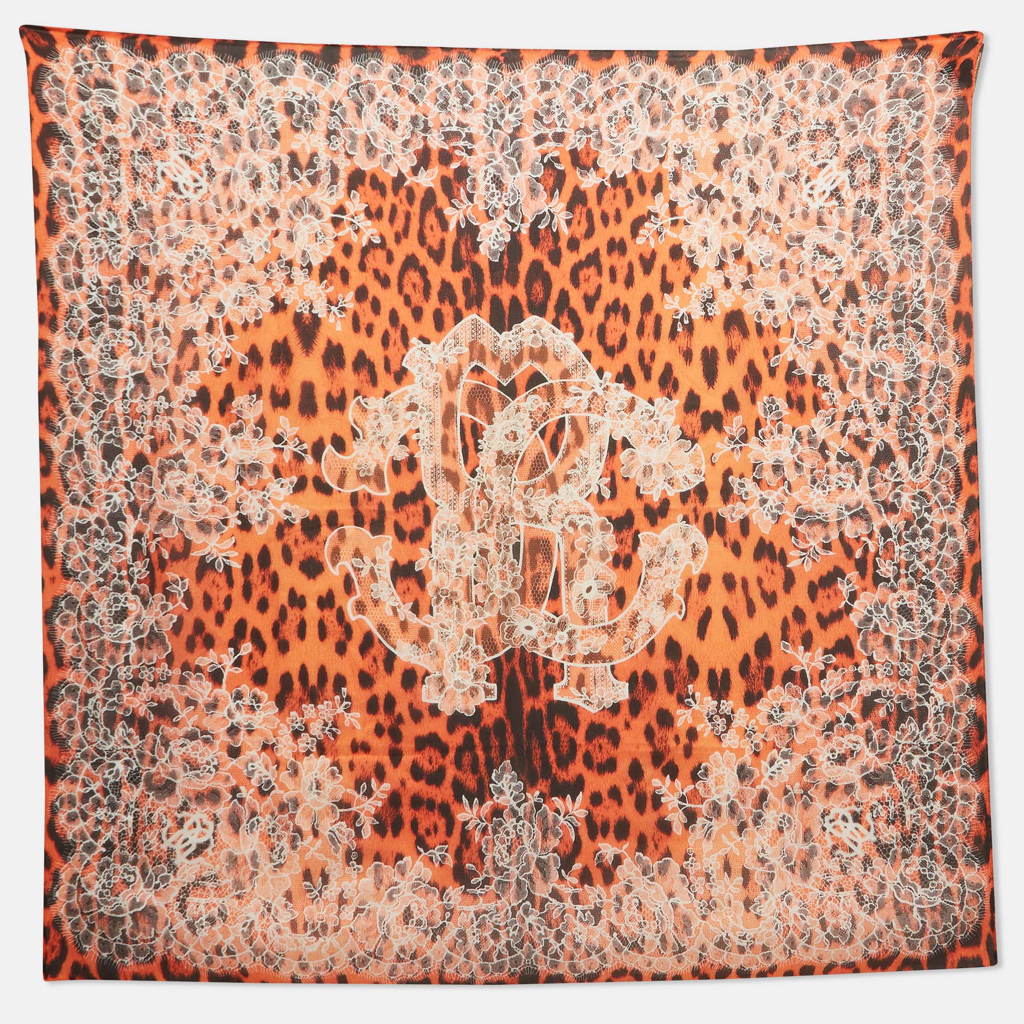 Pre-owned Roberto Cavalli Orange Animal And Floral Lace Print Silk Scarf