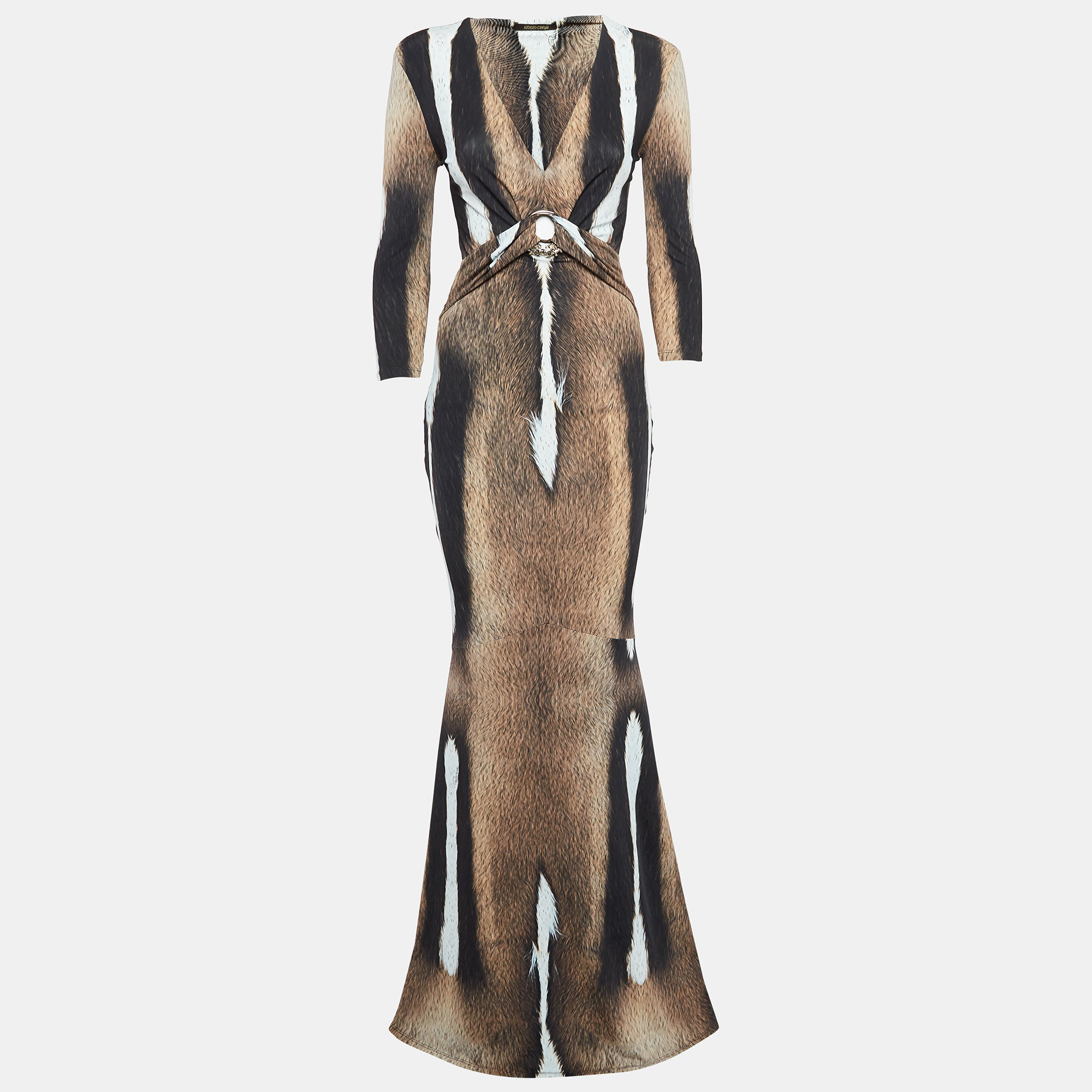 

Roberto Cavalli Brown Fur Print Jersey Brooch Detail Maxi Dress M
