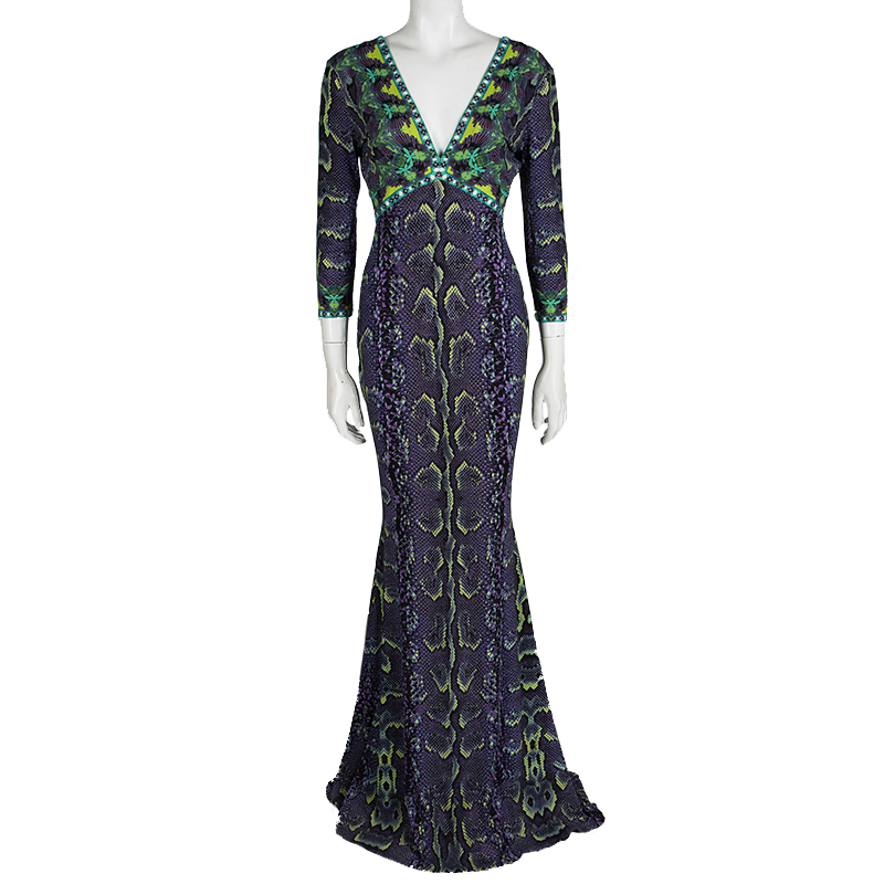 

Roberto Cavalli Multicolor Snakeskin Printed Long Sleeve Maxi Dress