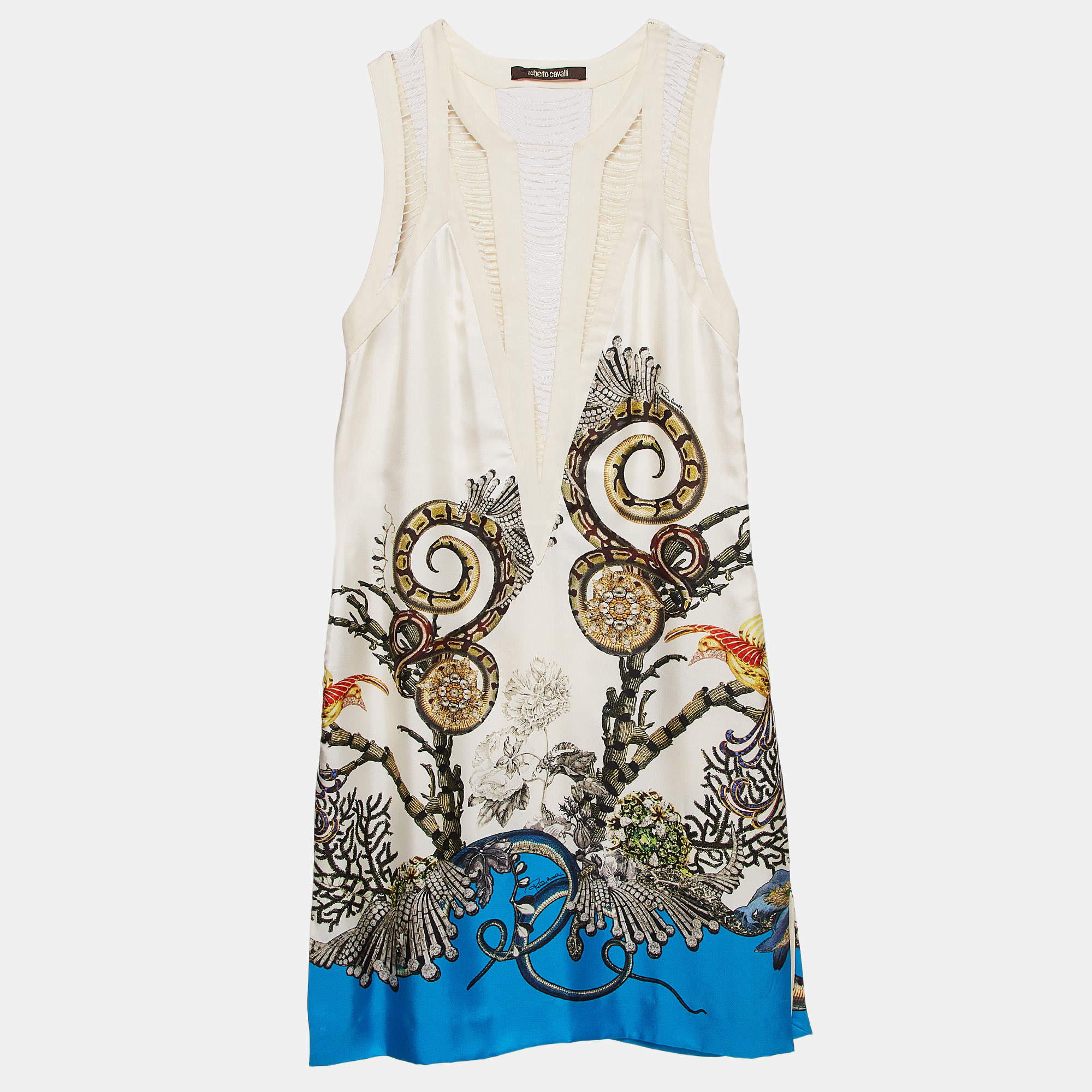 

Roberto Cavalli White Printed Silk Swing Trim Sleeveless Dress M, Cream