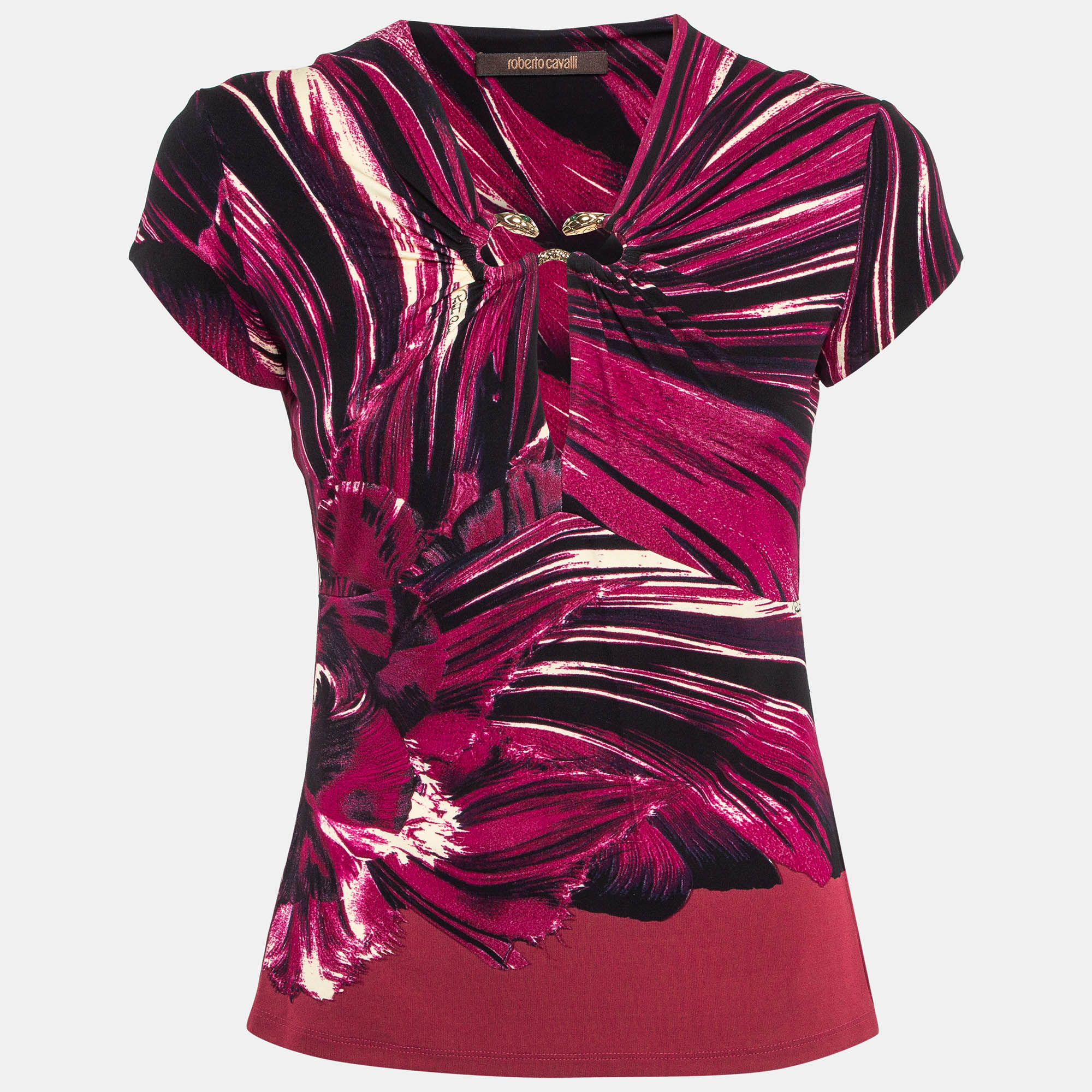 

Roberto Cavalli Pink Printed Jersey Brooch Embellished Top S