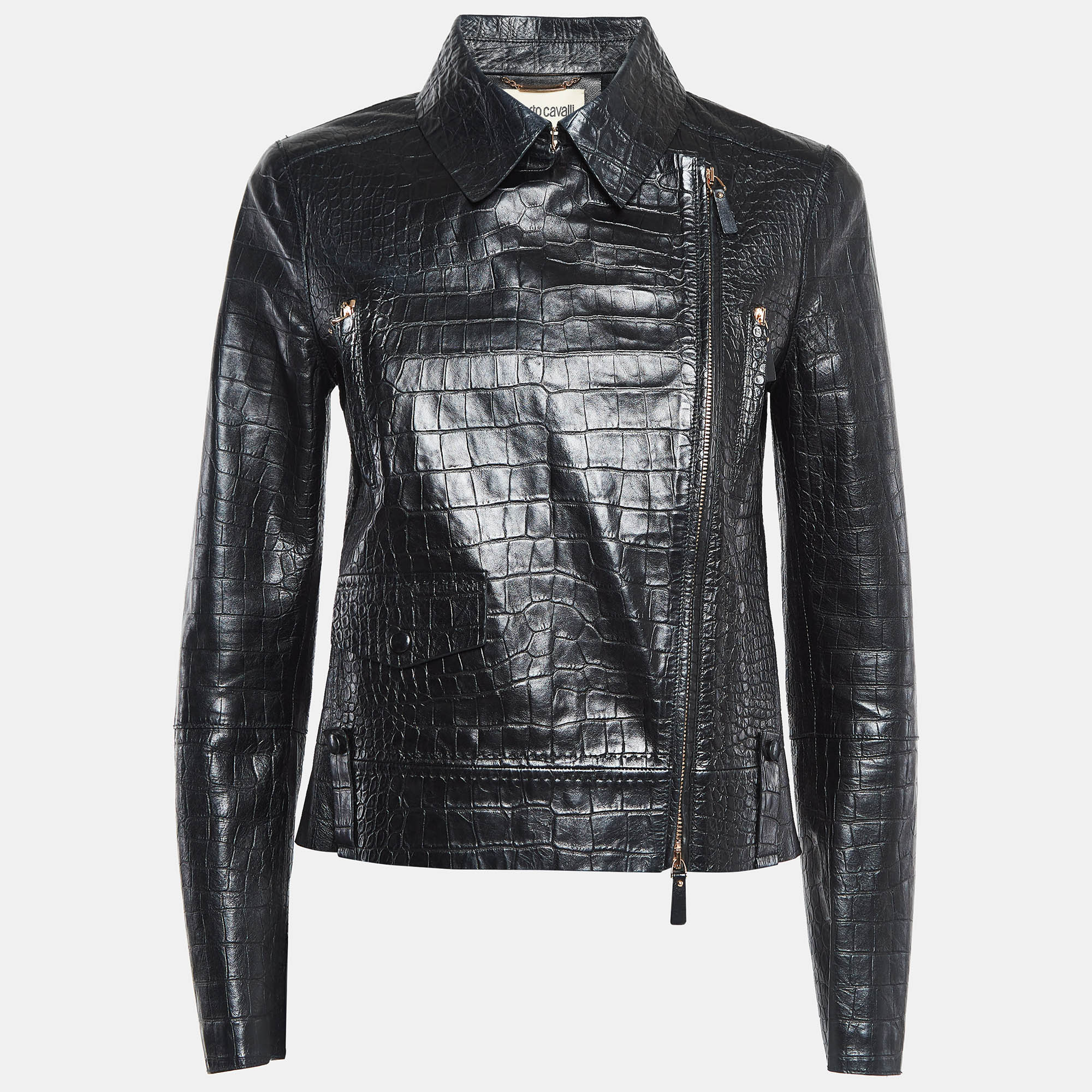 

Roberto Cavalli Black Reptile Embossed Leather Biker Jacket S