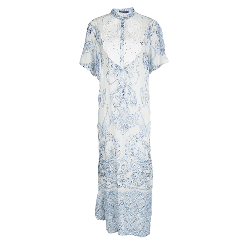 Pre Owned Roberto Cavalli White Floral Printed Silk Embellished Sheer Maxi Dress S  