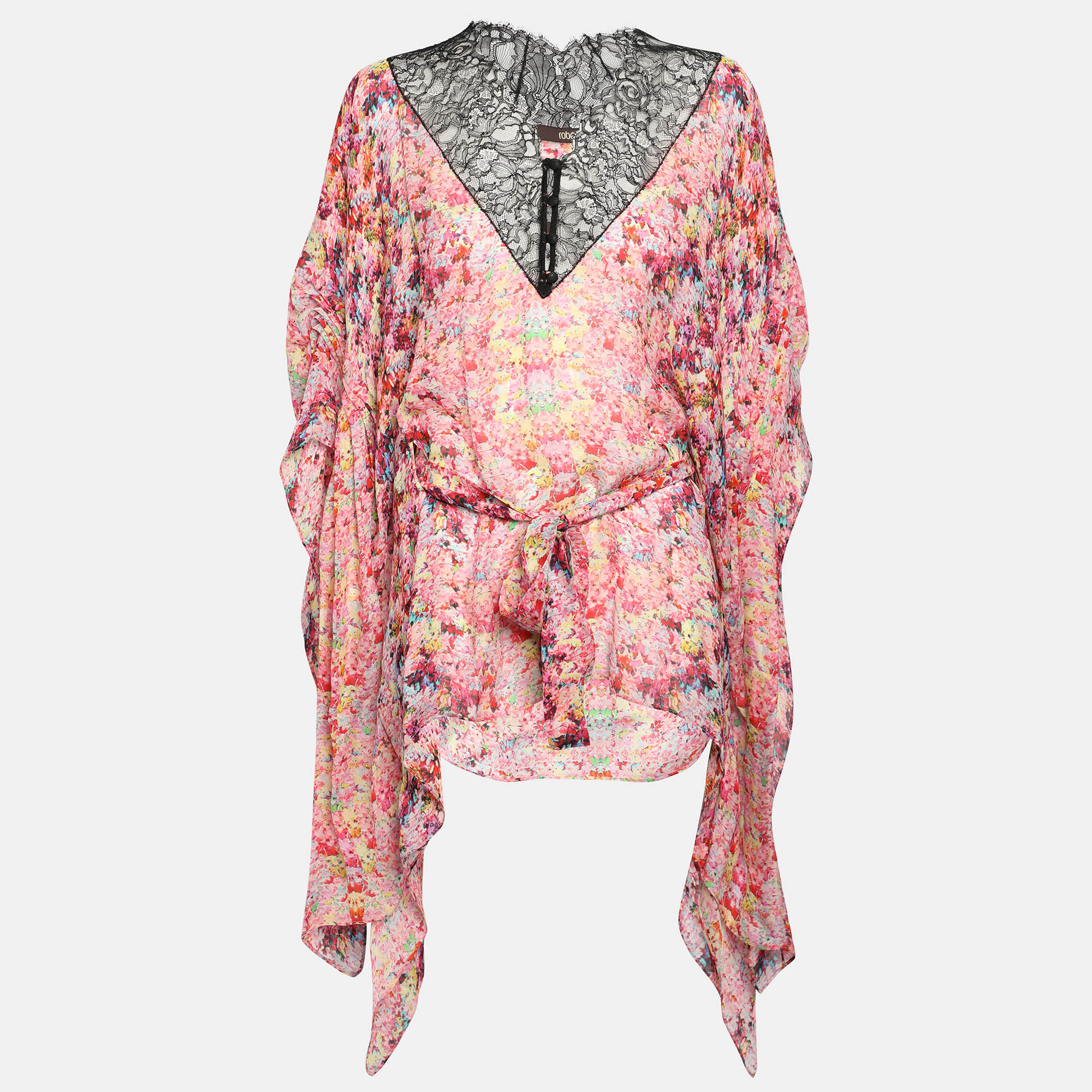 Pre-owned Roberto Cavalli Multicolor Silk And Lace Kaftan Top M