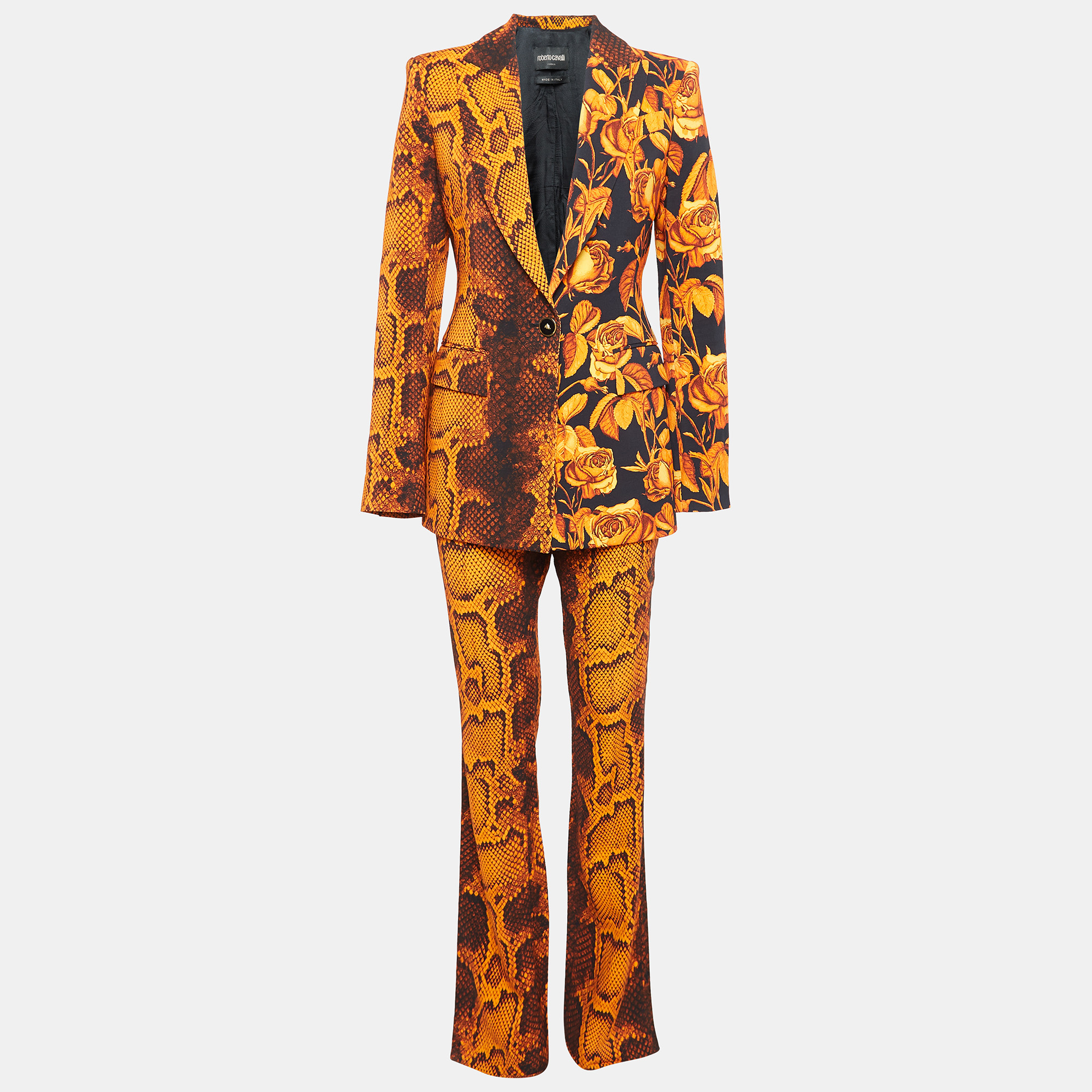 Pre-owned Roberto Cavalli Orange Python And Floral Print Crepe Pants Suit M