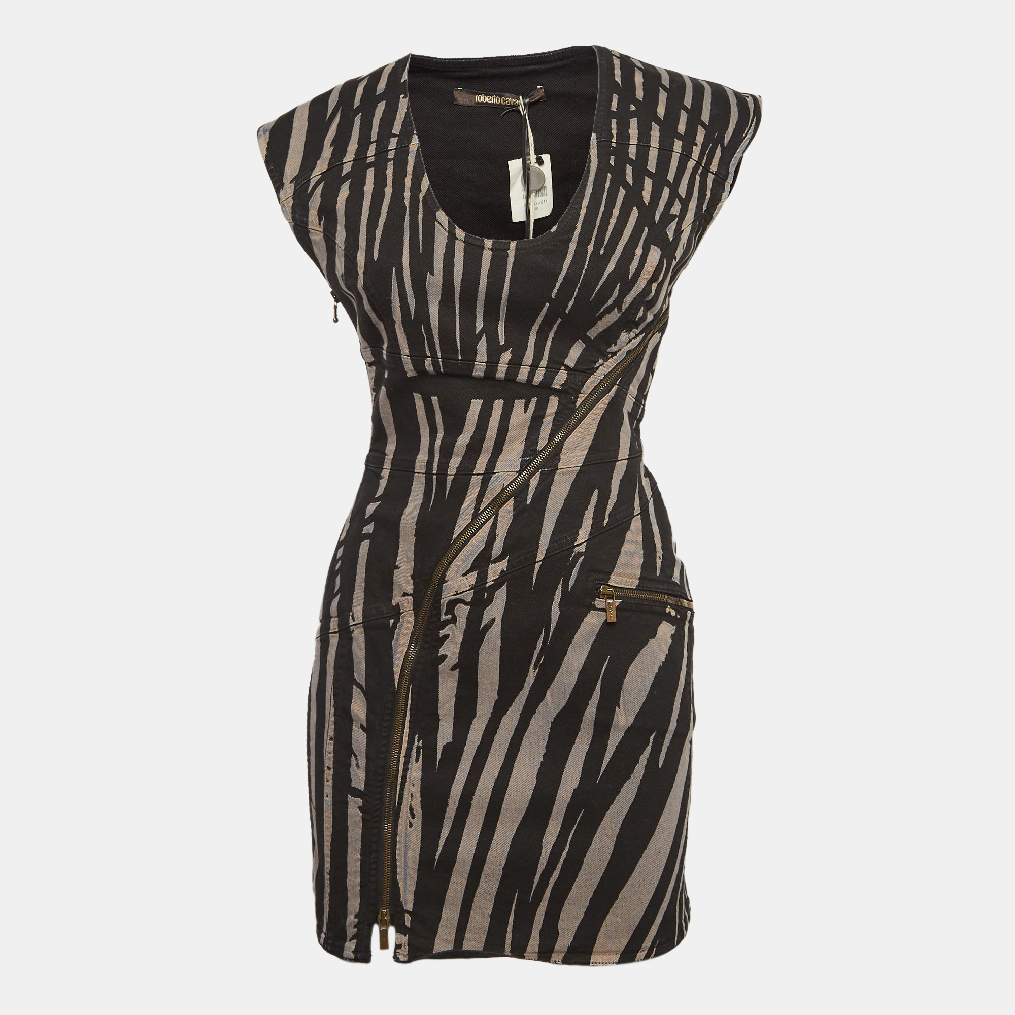 Pre-owned Roberto Cavalli Black Zebra Print Denim Zip Detail Mini Dress S