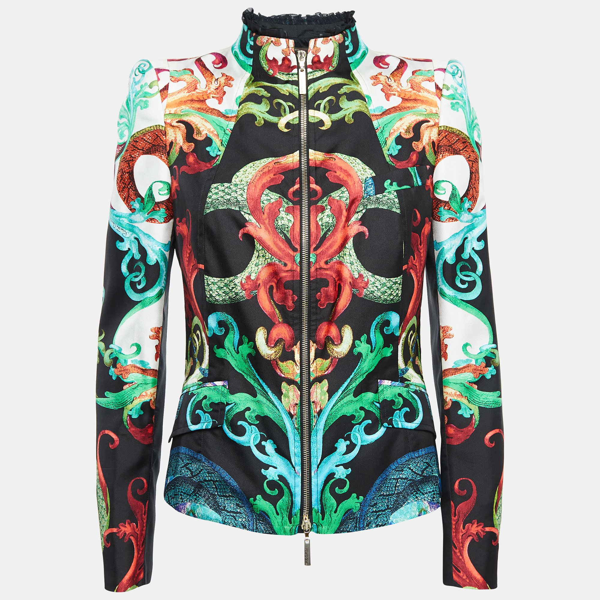 Pre-owned Roberto Cavalli Multicolor Printed Silk Ruffle Detail Jacket M