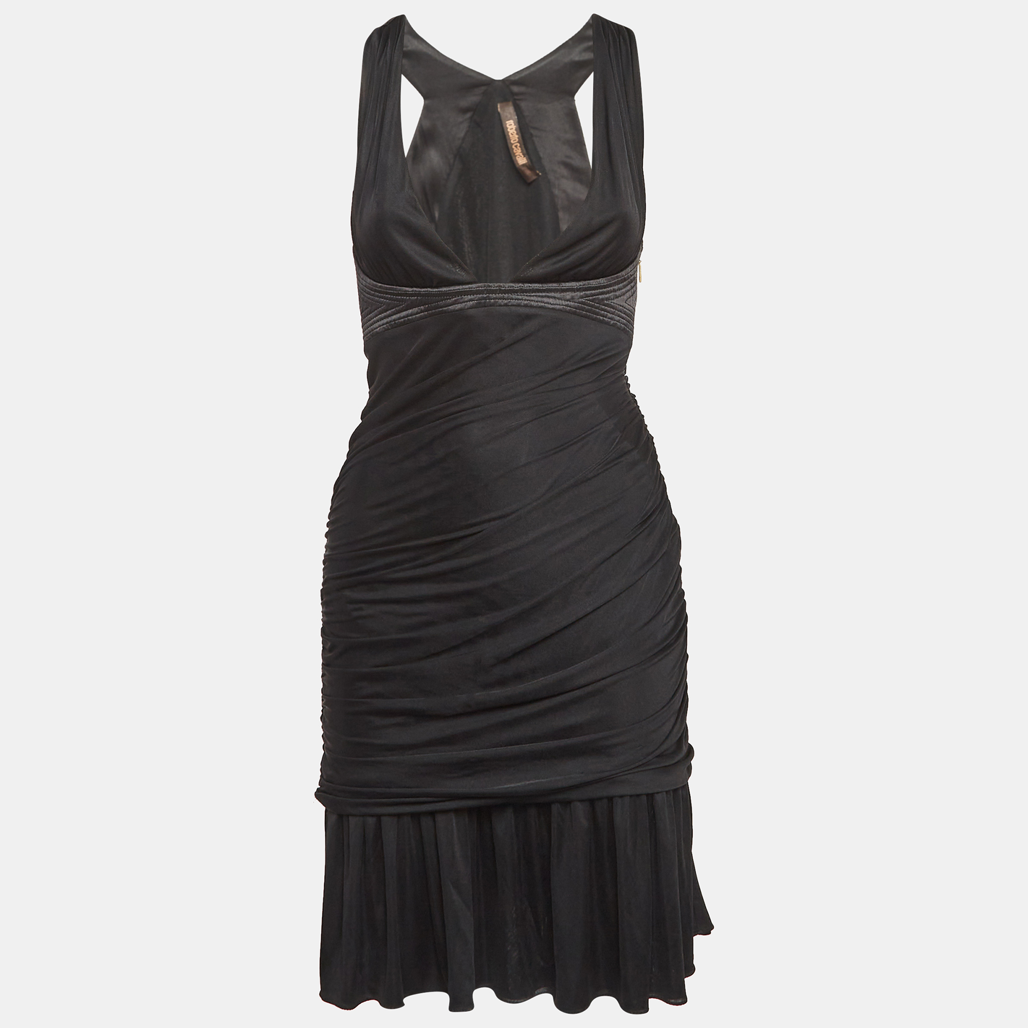 

Roberto Cavalli Black Stretch Crepe Ruche Midi Dress S