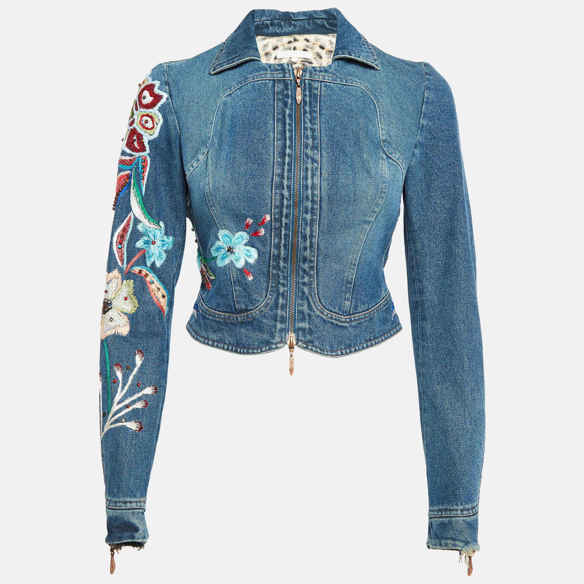 

Roberto Cavalli Blue Denim Embroidered Crop Denim Jacket S