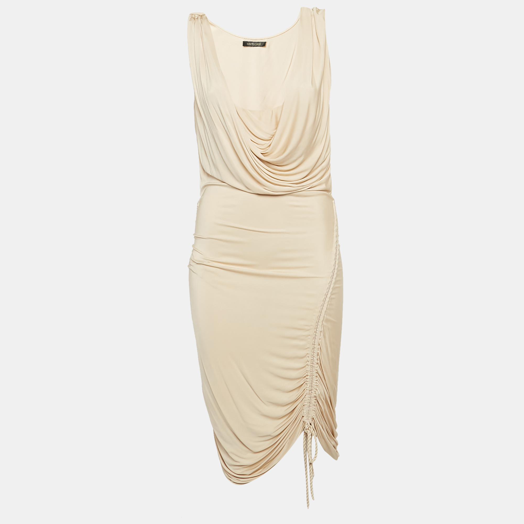 

Roberto Cavalli Cream Jersey Ruche Tie-Up Midi Dress M