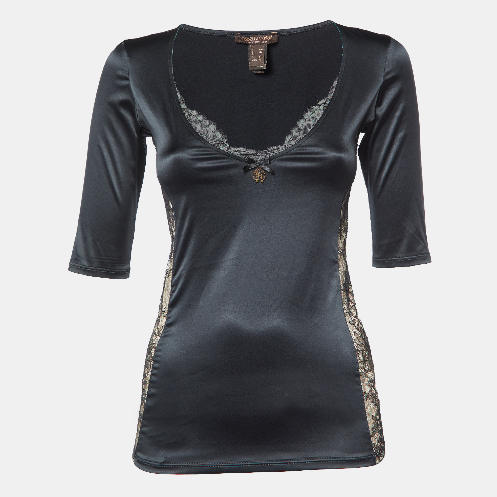 

Roberto Cavalli Black Satin Lace Trim V-Neck Top M