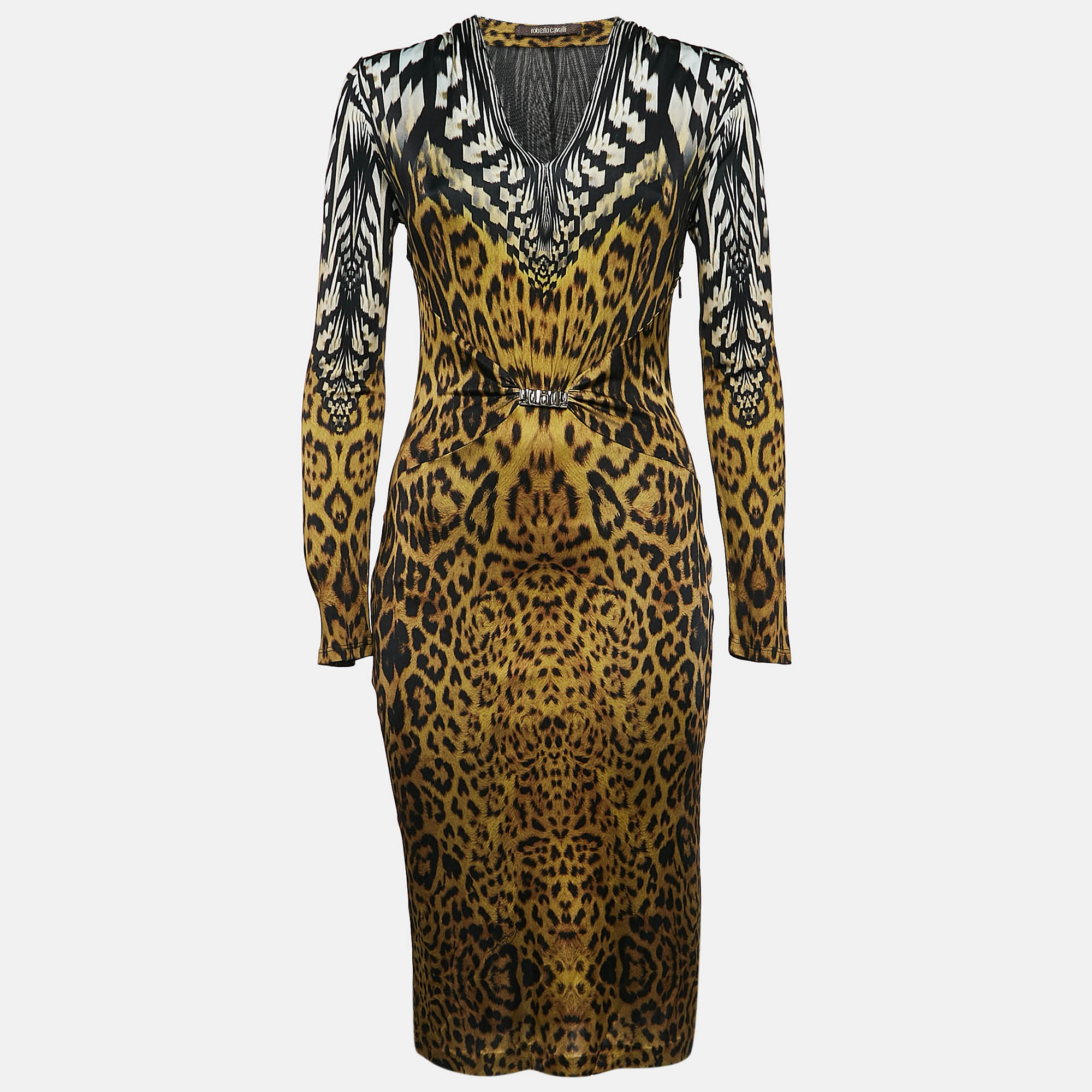 

Roberto Cavalli Black Leopard Print V-Neck Midi Dress M