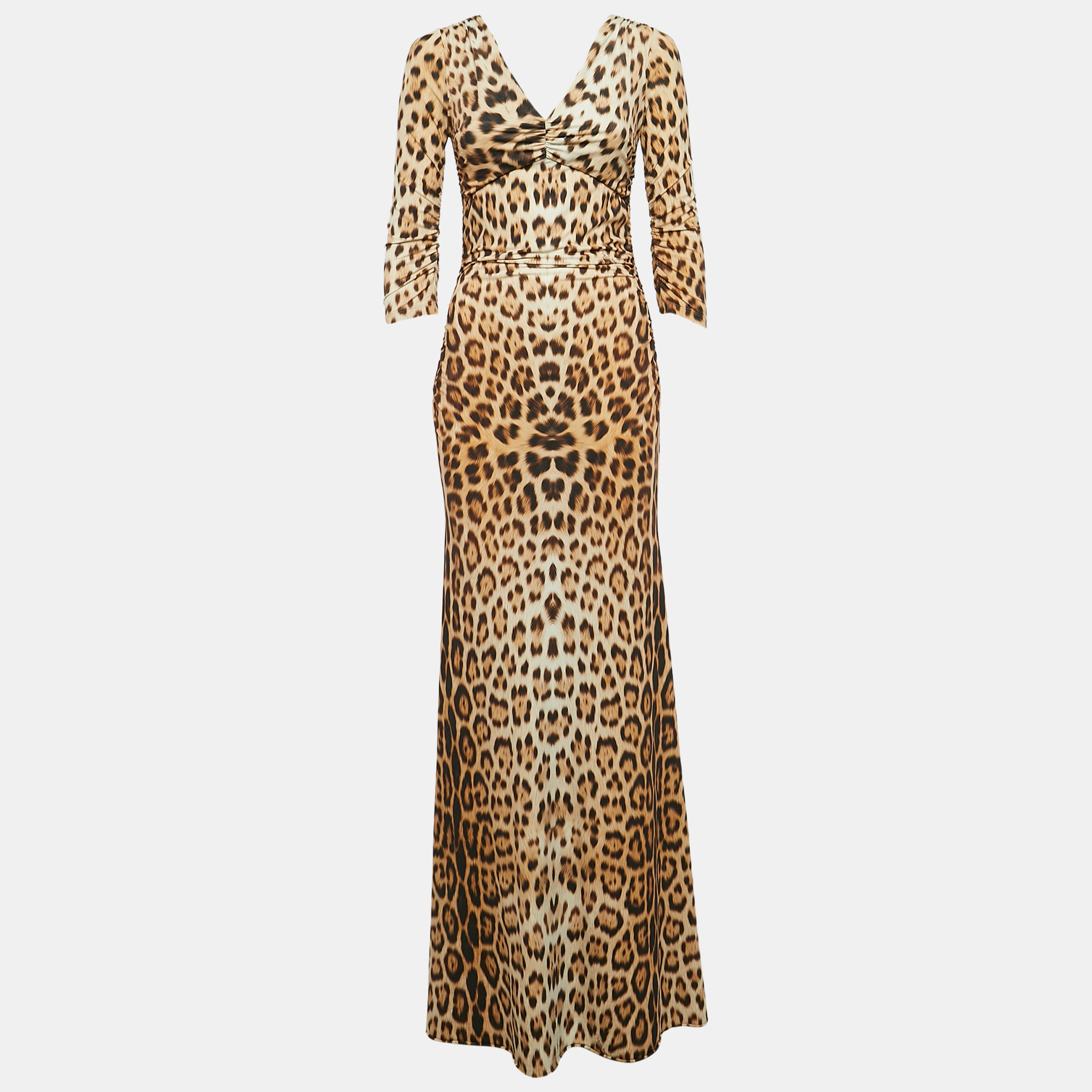 

Roberto Cavalli Brown Leopard Print Jersey Ruched Maxi Dress S