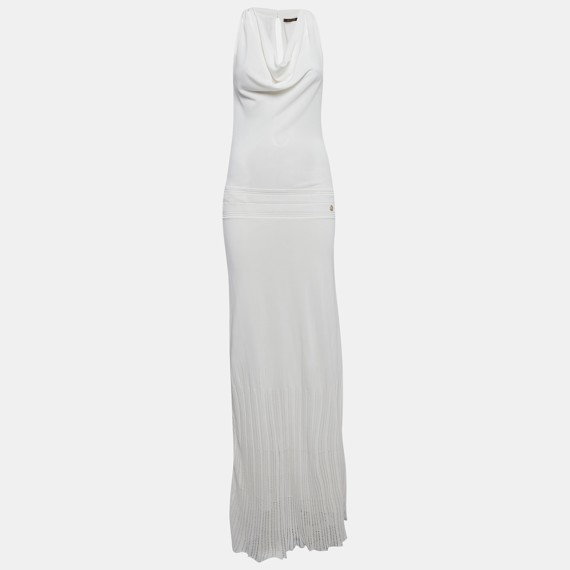 

Roberto Cavalli White Pointelle Knit Cowl Neck Maxi Dress S