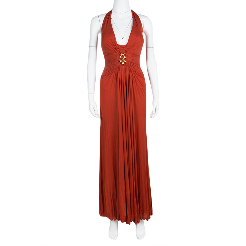 

Roberto Cavalli Red Knit Plunge Neck Embellished Waist Ruched Halter Gown