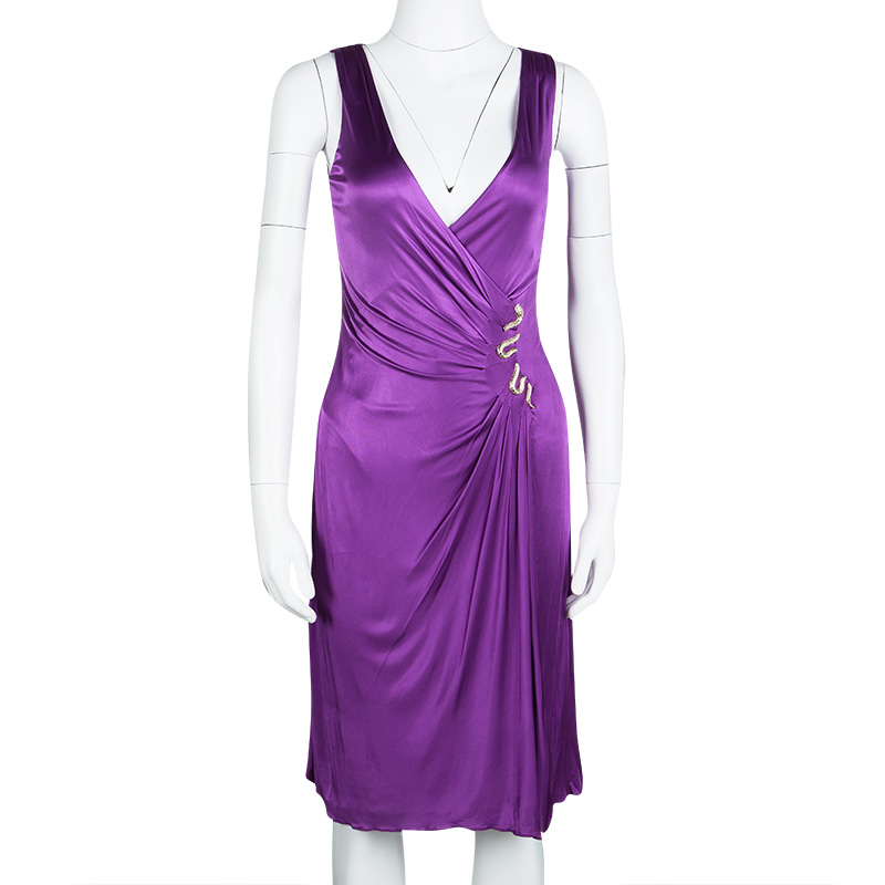 

Roberto Cavalli Purple Knit Embellished Waist Detail Draped Sleeveless Dress