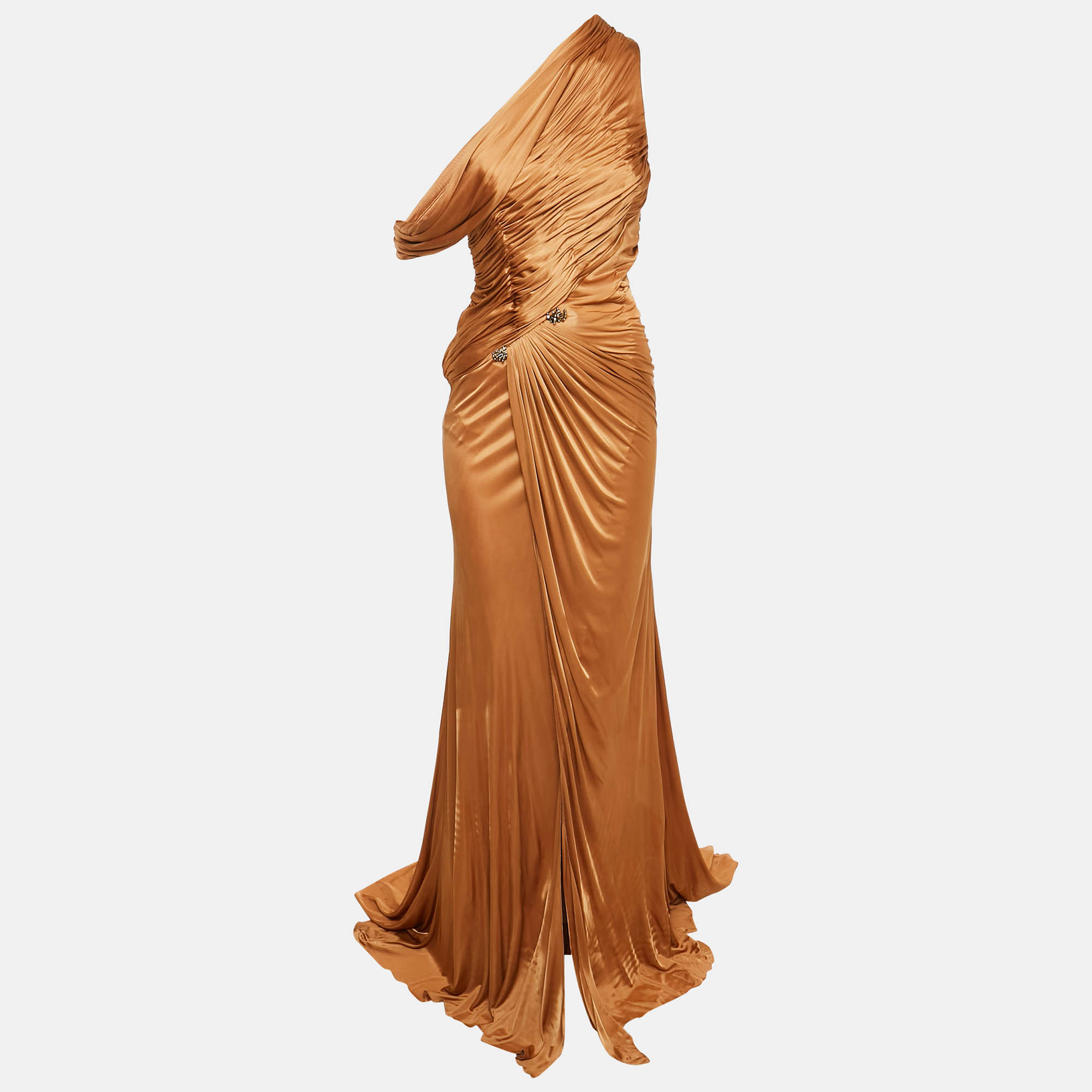 

Roberto Cavalli Brown Jersey Brooches Detail Maxi Dress S