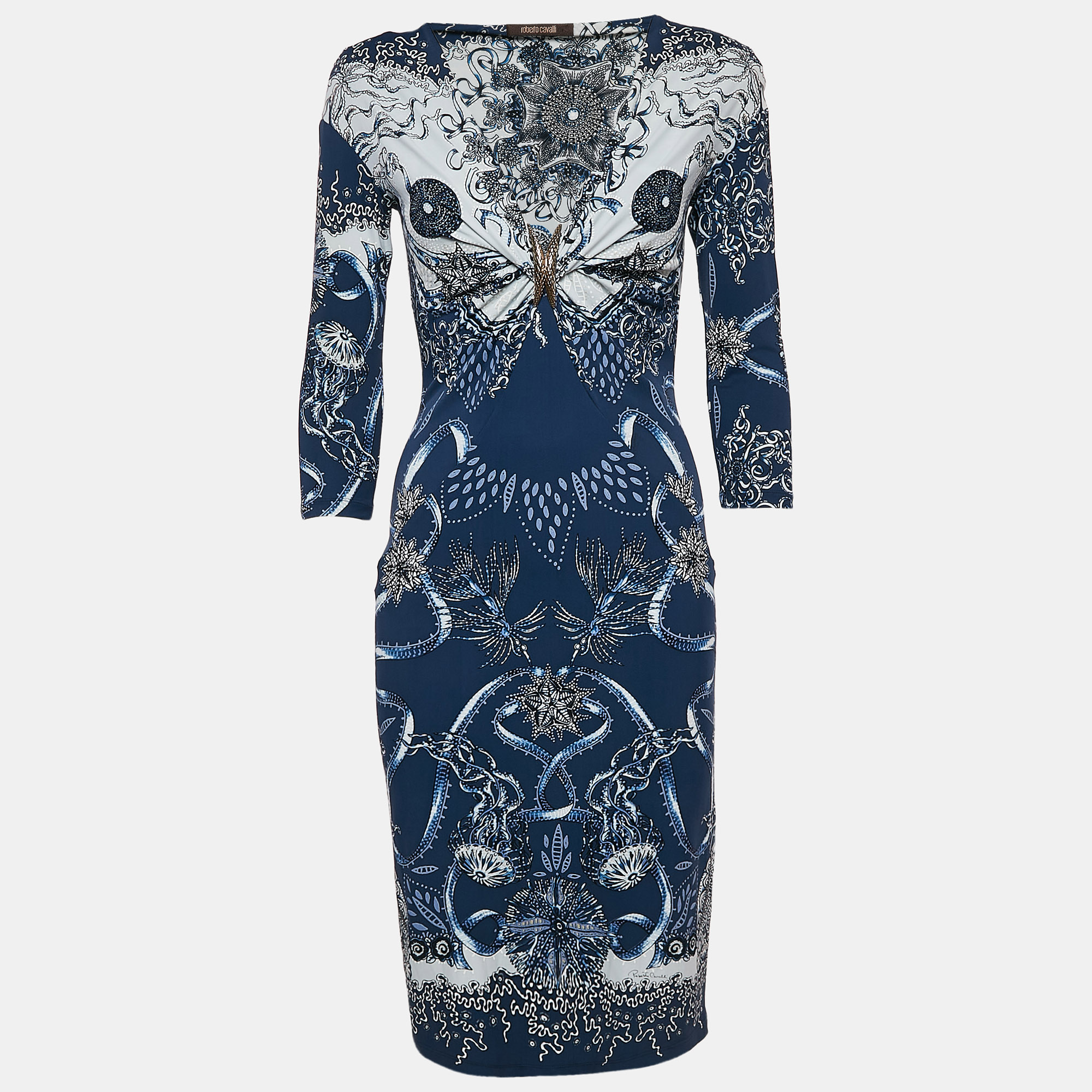 

Roberto Cavalli Blue Printed Jersey Brooch Detail Midi Dress M