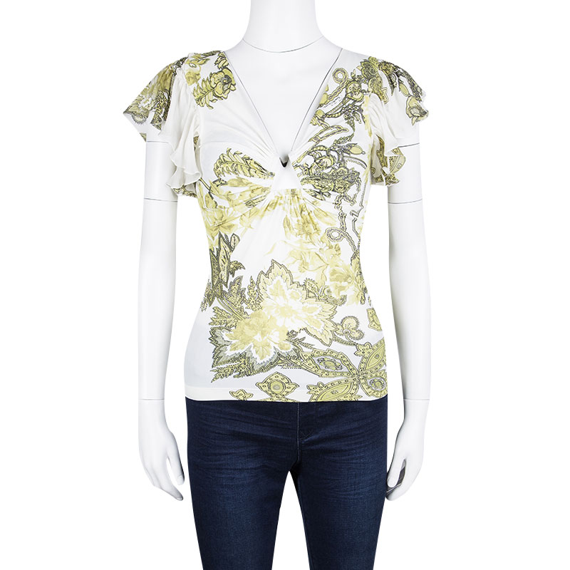 

Roberto Cavalli White Floral Printed Ruffle Sleeve Detail Top