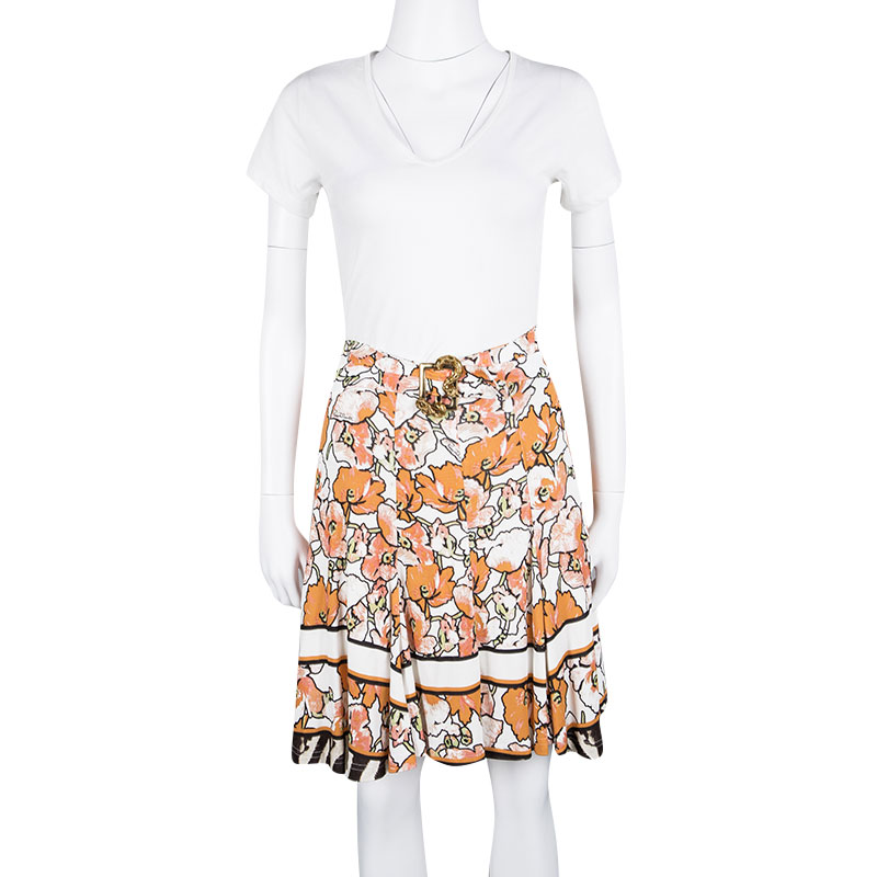 

Roberto Cavalli Multicolor Floral Print Snake Logo Buckle Detail Flared Skirt