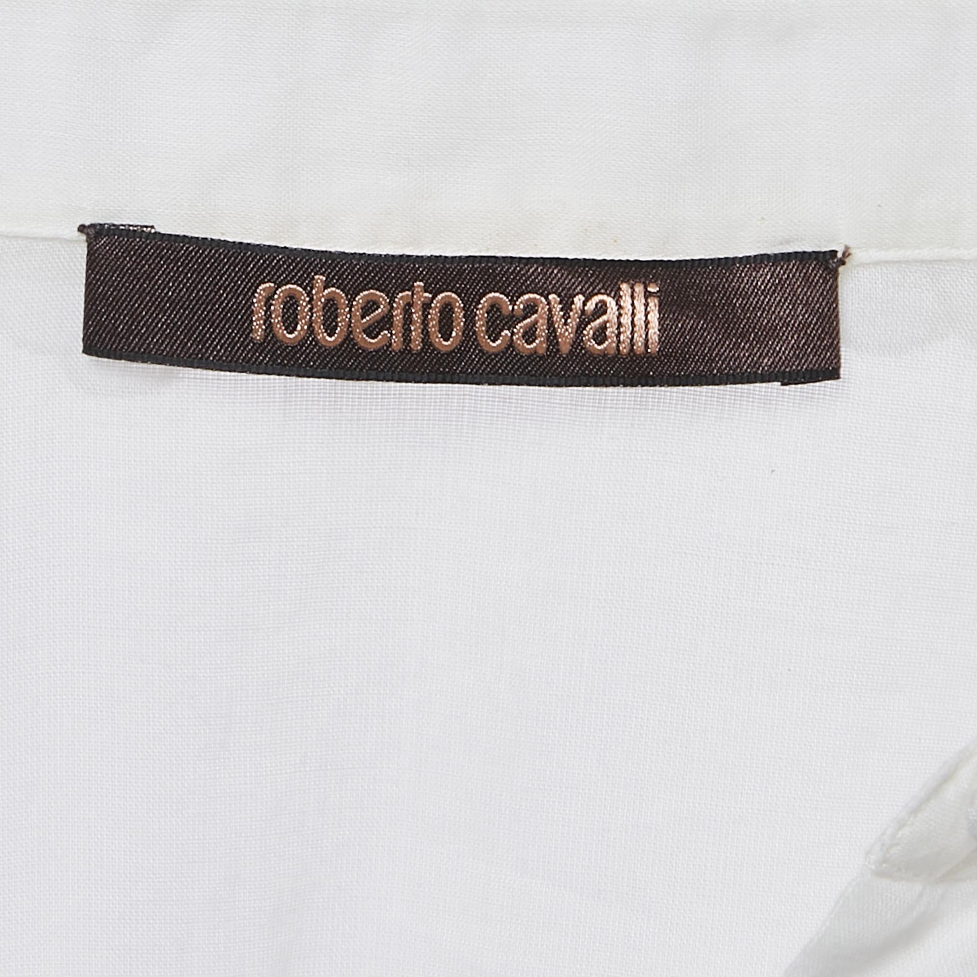 Roberto Cavalli Off-White Cambric Cotton Floral Lace Trimmed Blouse L 