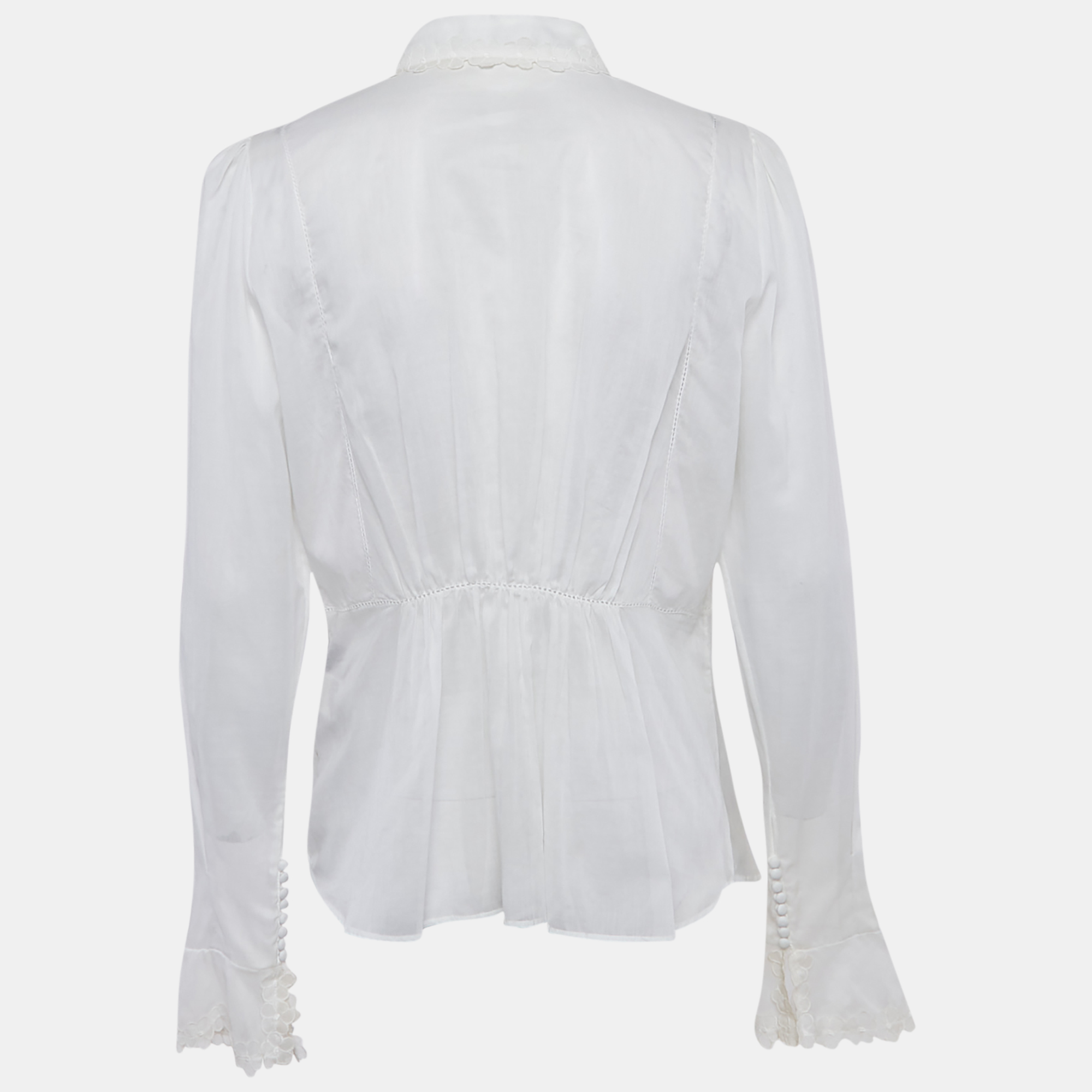 Roberto Cavalli Off-White Cambric Cotton Floral Lace Trimmed Blouse L 