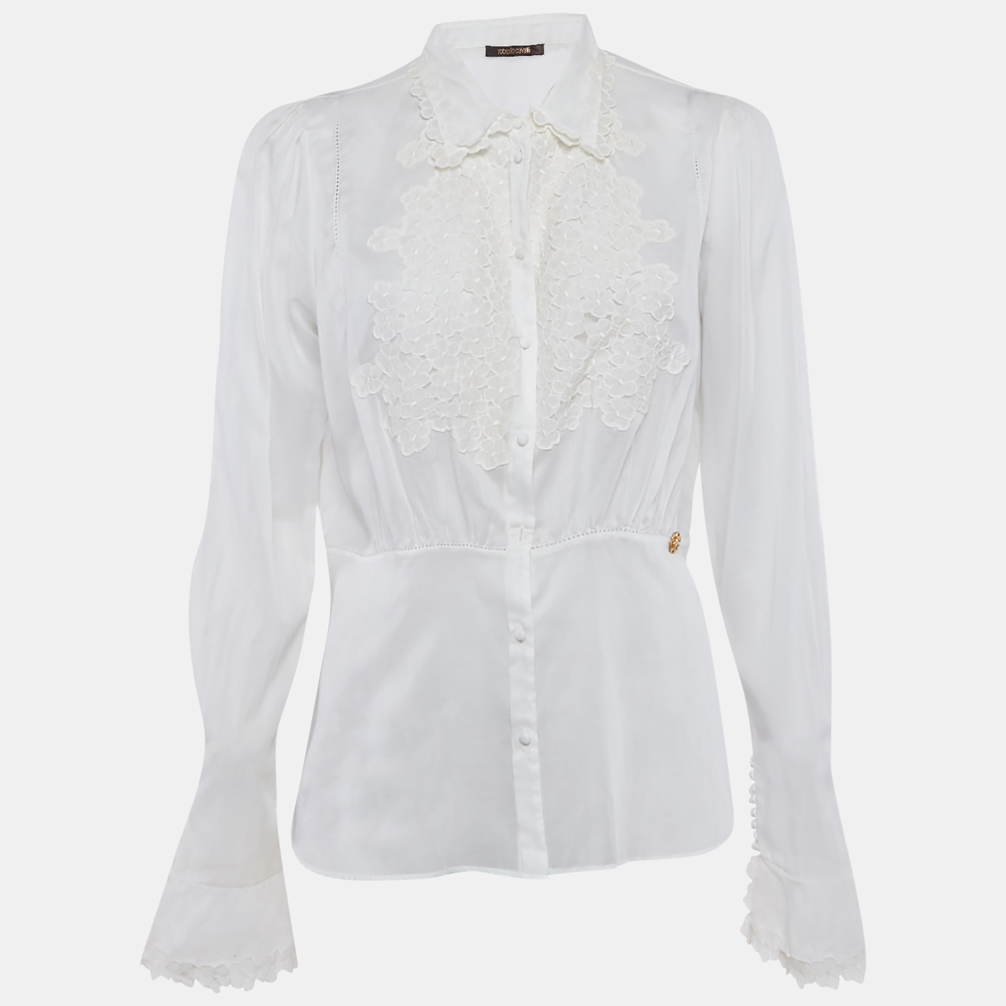 

Roberto Cavalli Off-White Cambric Cotton Floral Lace Trimmed Blouse L