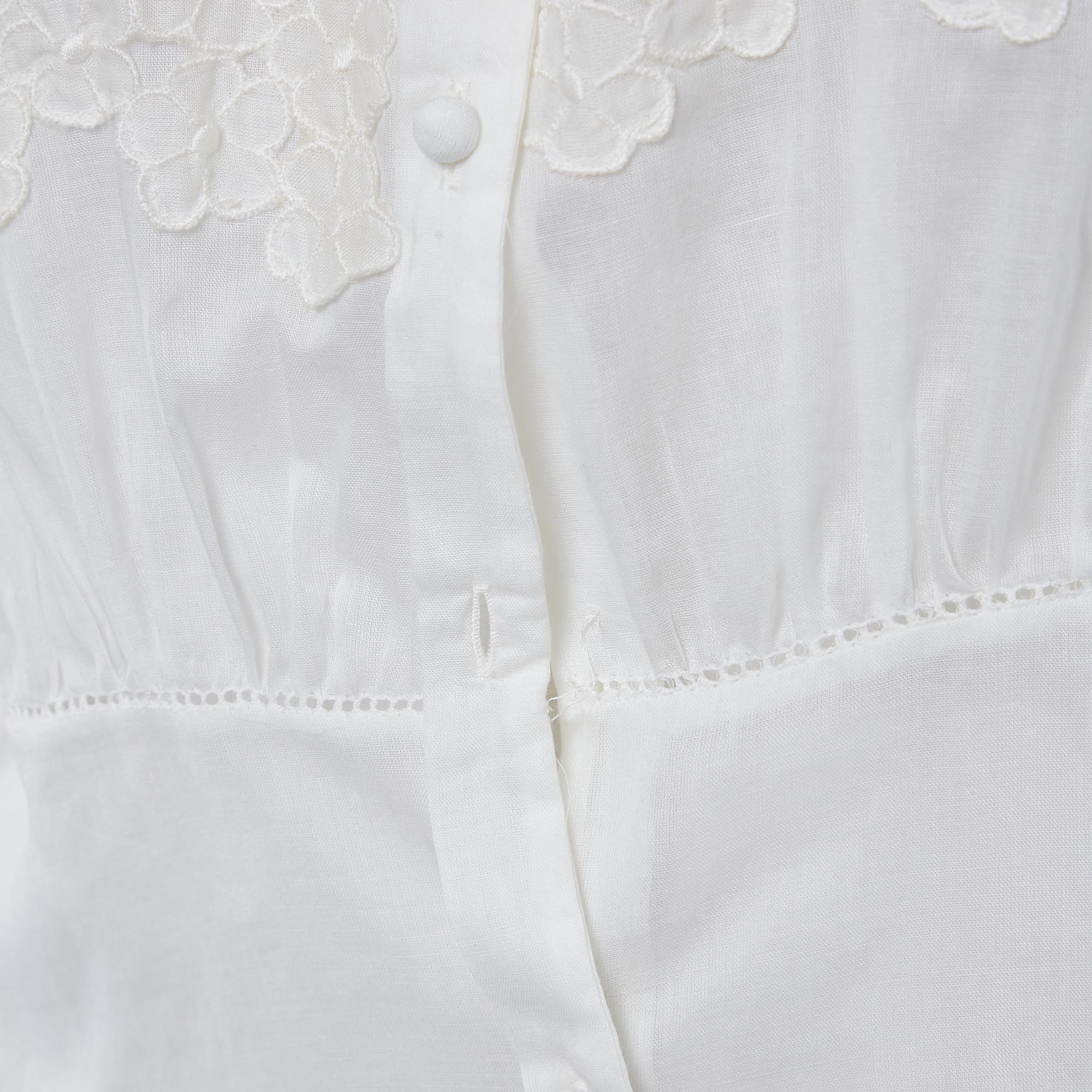 Roberto Cavalli Off-White Cambric Cotton Floral Lace Trimmed Blouse L 