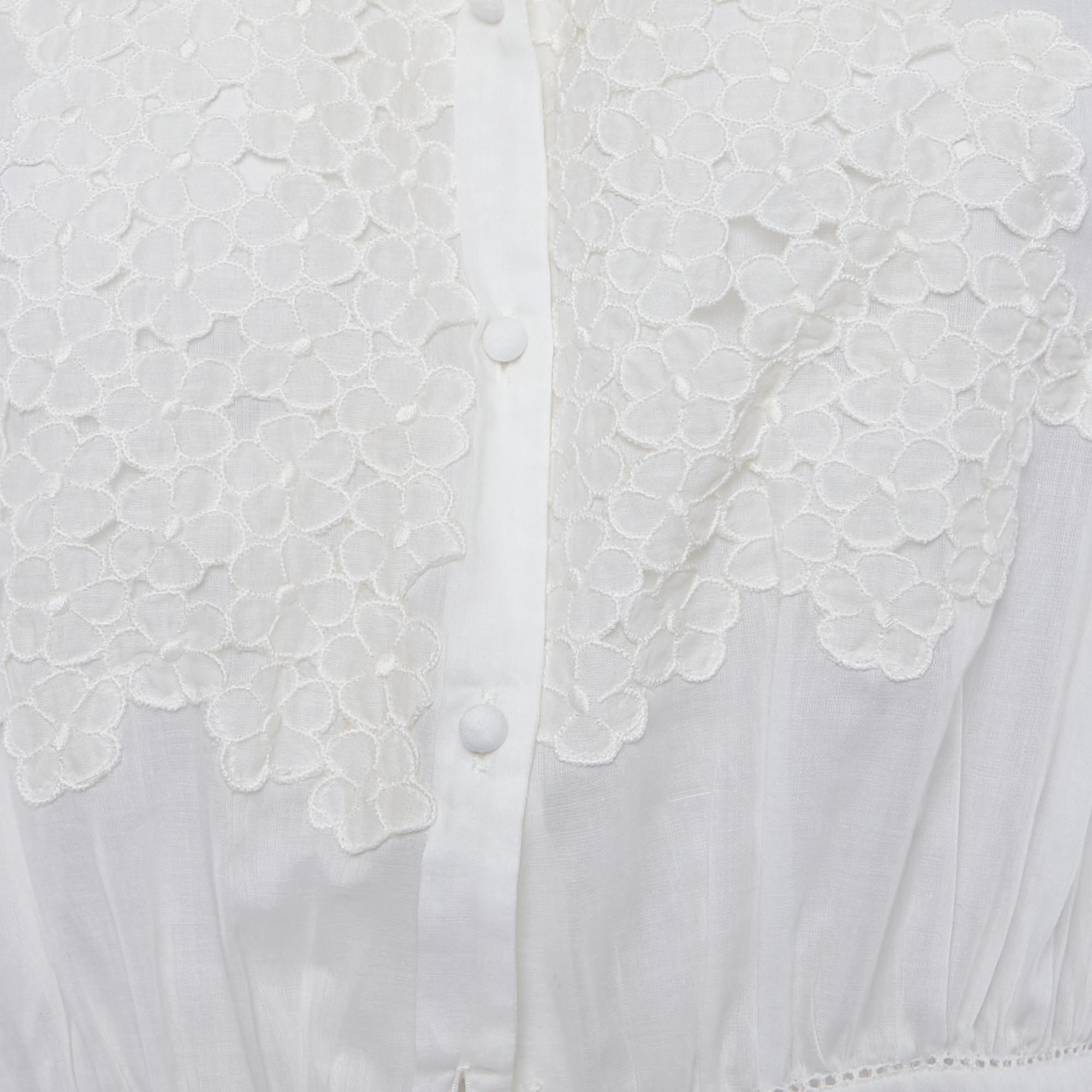 Roberto Cavalli Off-White Cambric Cotton Floral Lace Trimmed Blouse L 