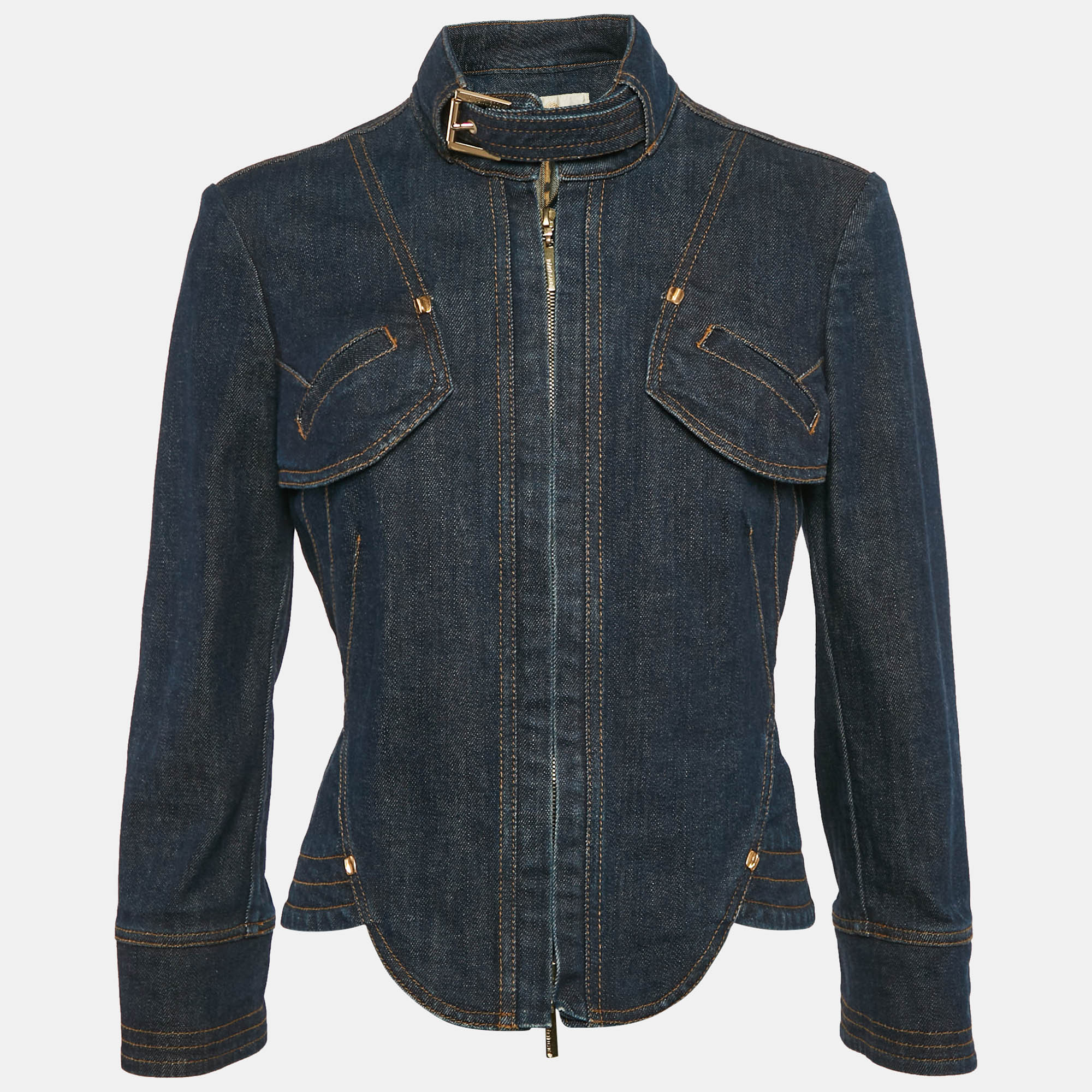 

Roberto Cavalli Blue Denim Zip-Up Neck Belt Detail Jacket M