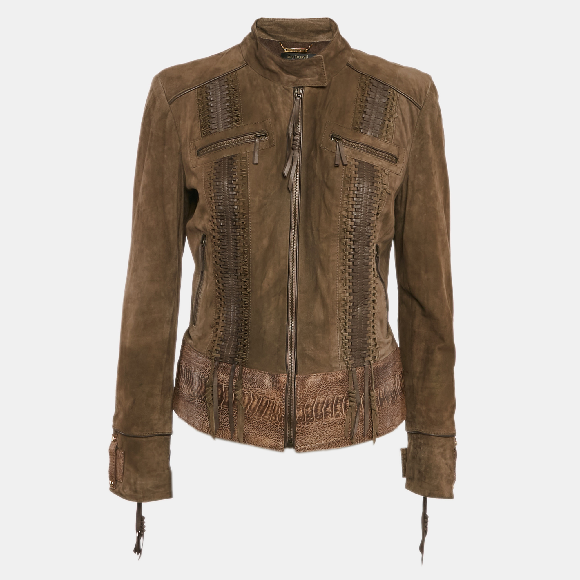 

Roberto Cavalli Green Textured Leather and Suede Lace-Up Jacket M