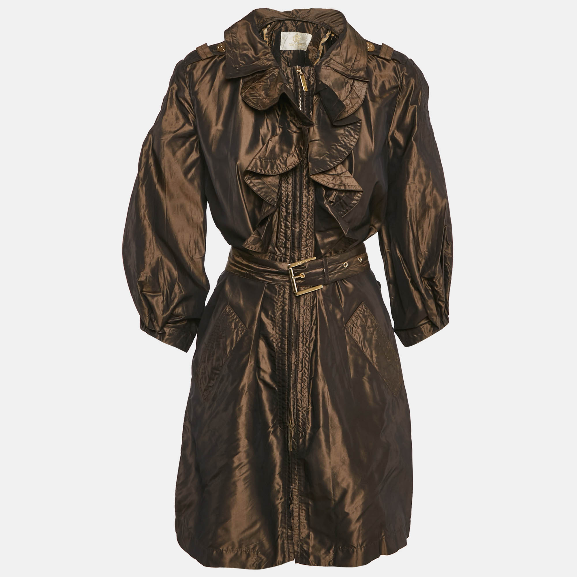 

Roberto Cavalli Metallic/Brown Silk Ruffled Zip-Up Trench Coat M