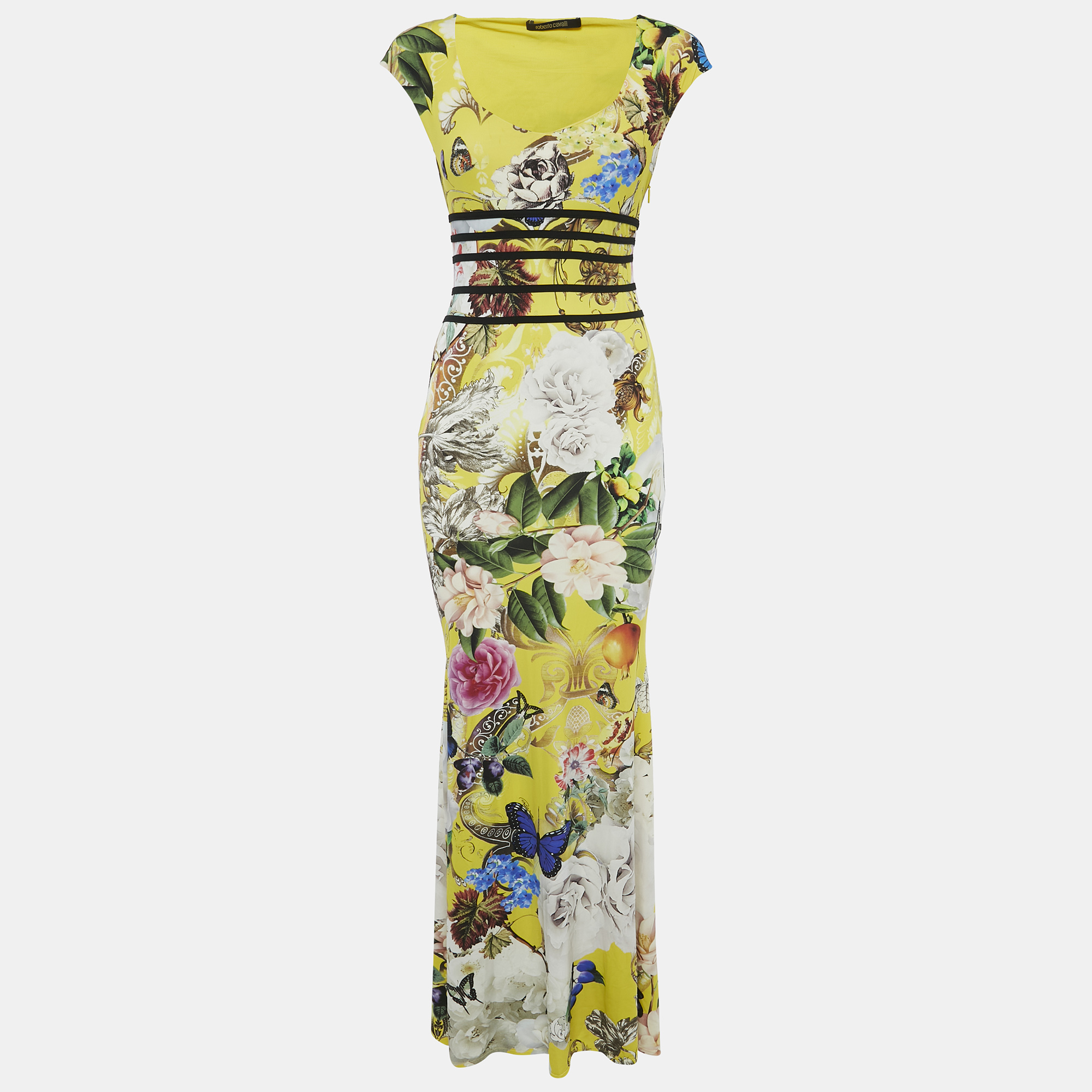 

Roberto Cavalli Yellow Multicolor Printed Jersey Long Dress S