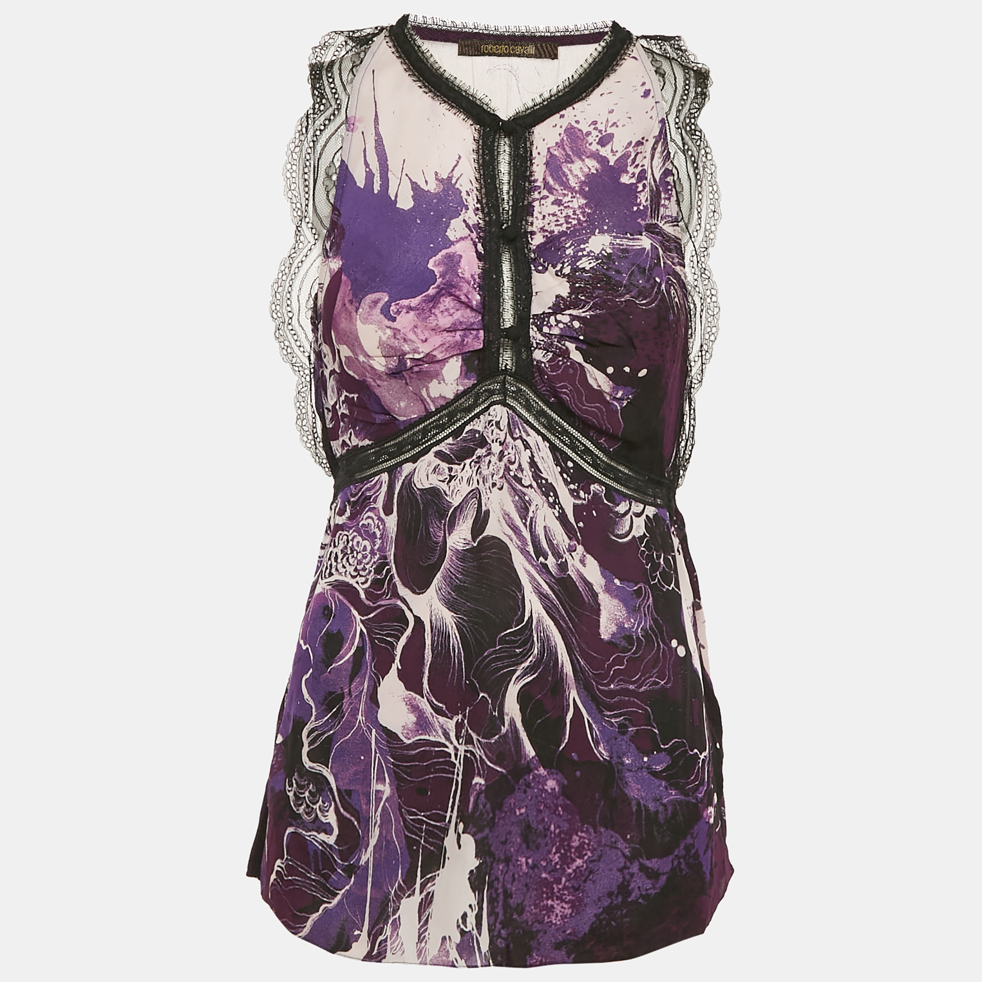 

Roberto Cavalli Purple/Multicolor Printed Lace Trim Detail Top S